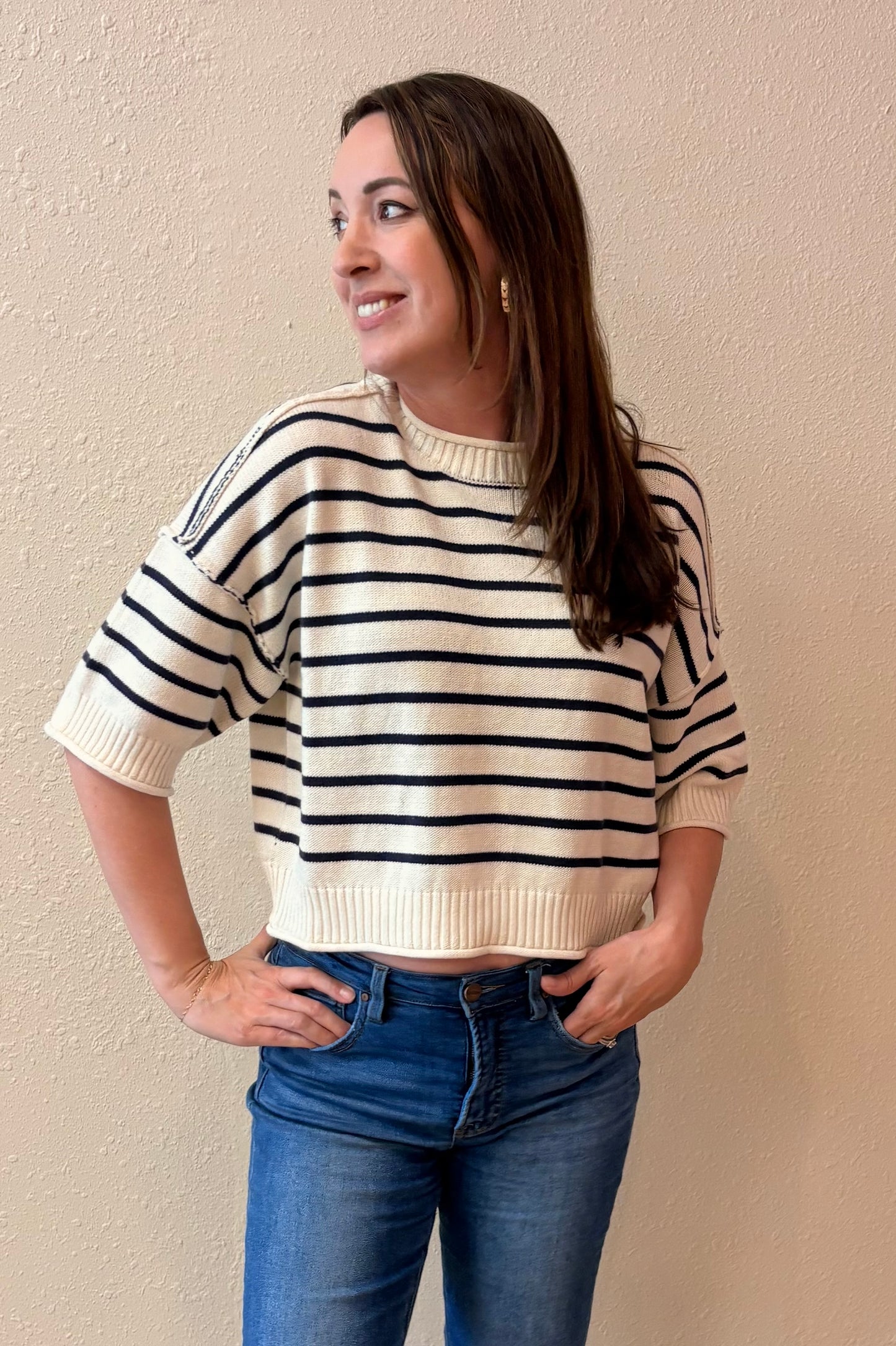 Margo Navy Stripe Drop Shoulder Sweater