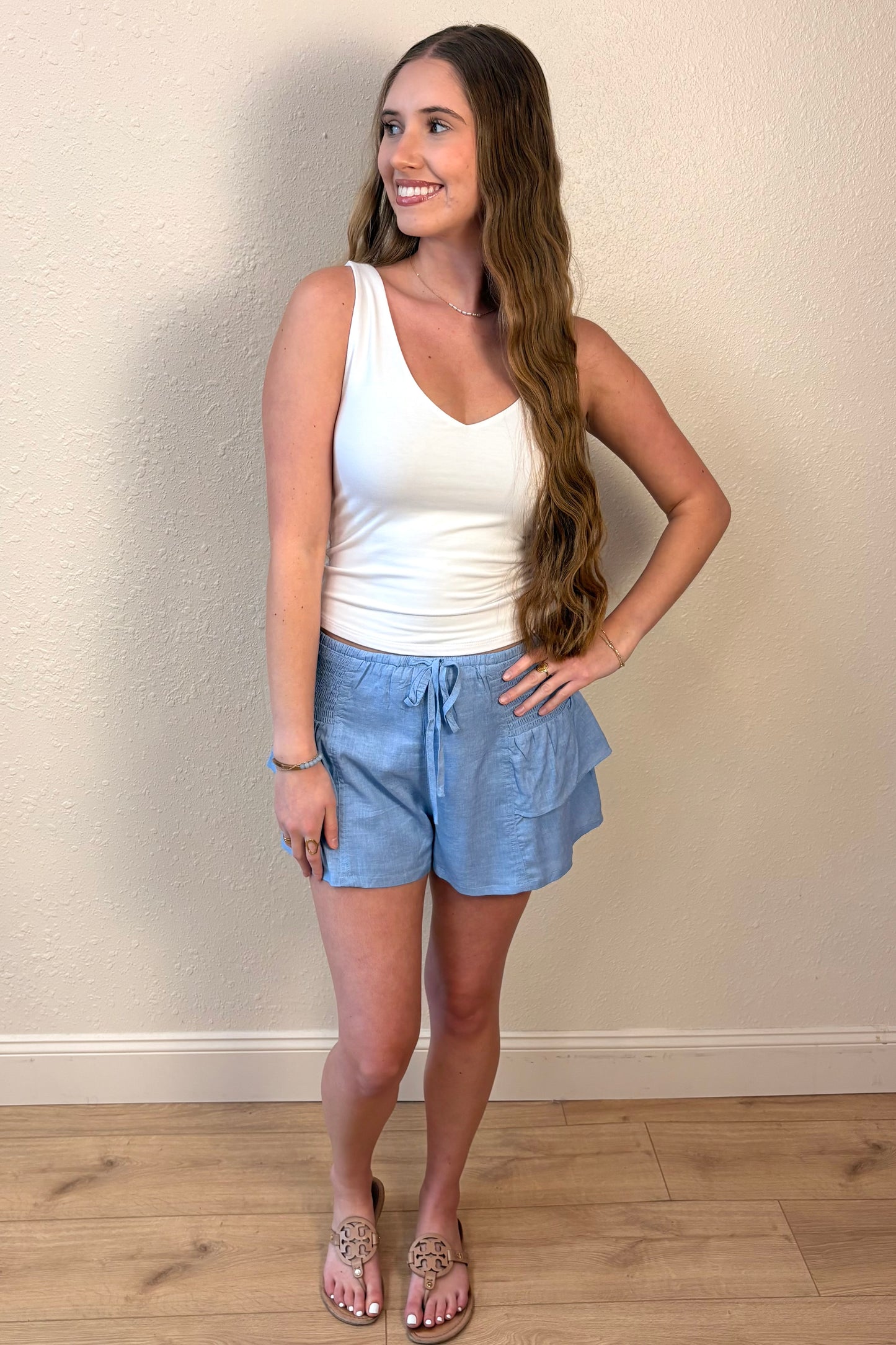 Skye Light Blue Ruffle Shorts