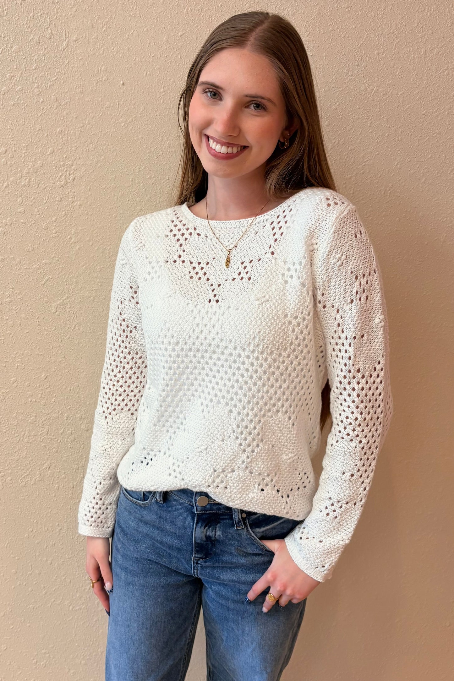 Daniella White Floral Open Weave Sweater