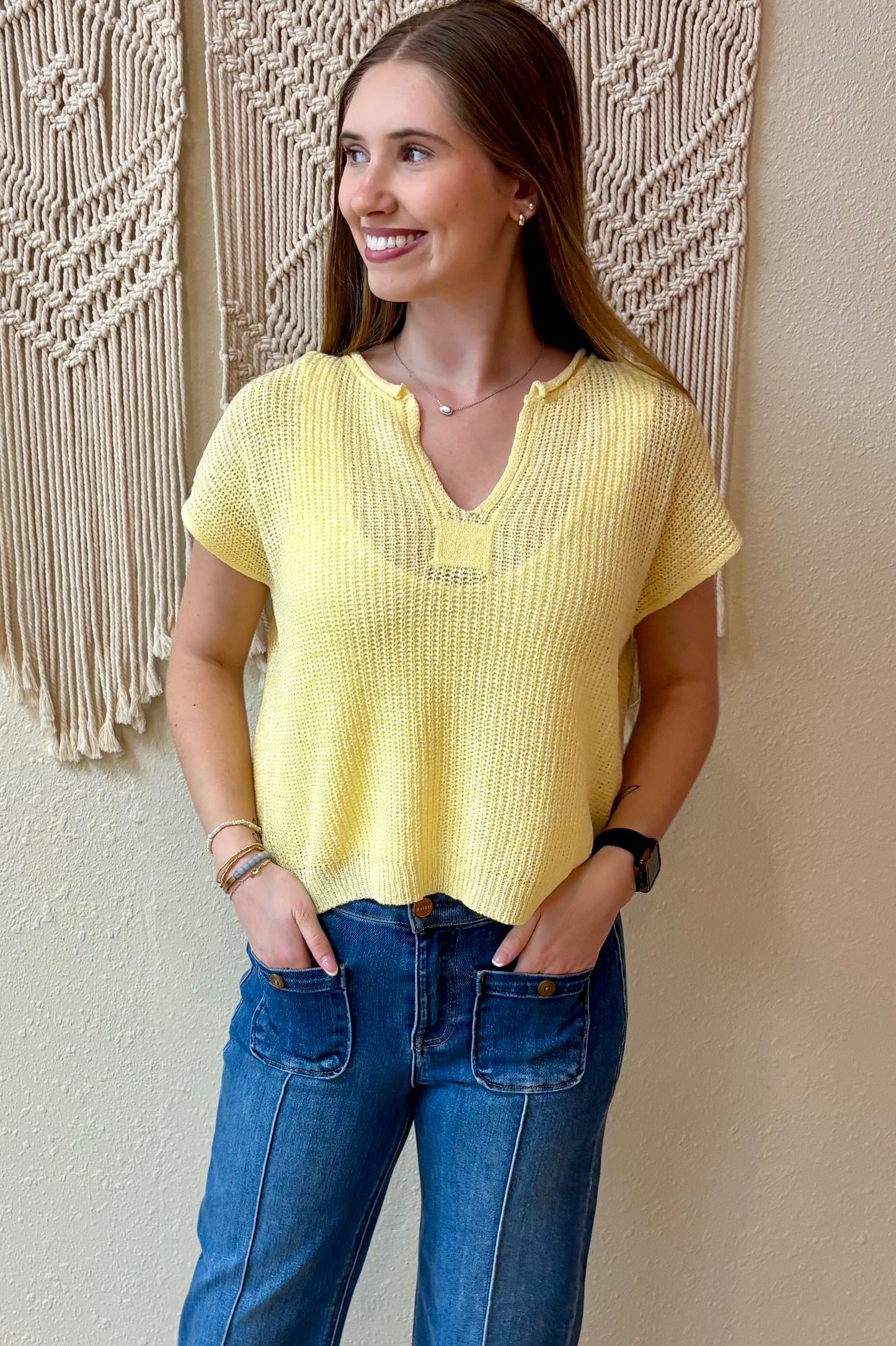 Danielle Light Yellow Split Neck Knit Top