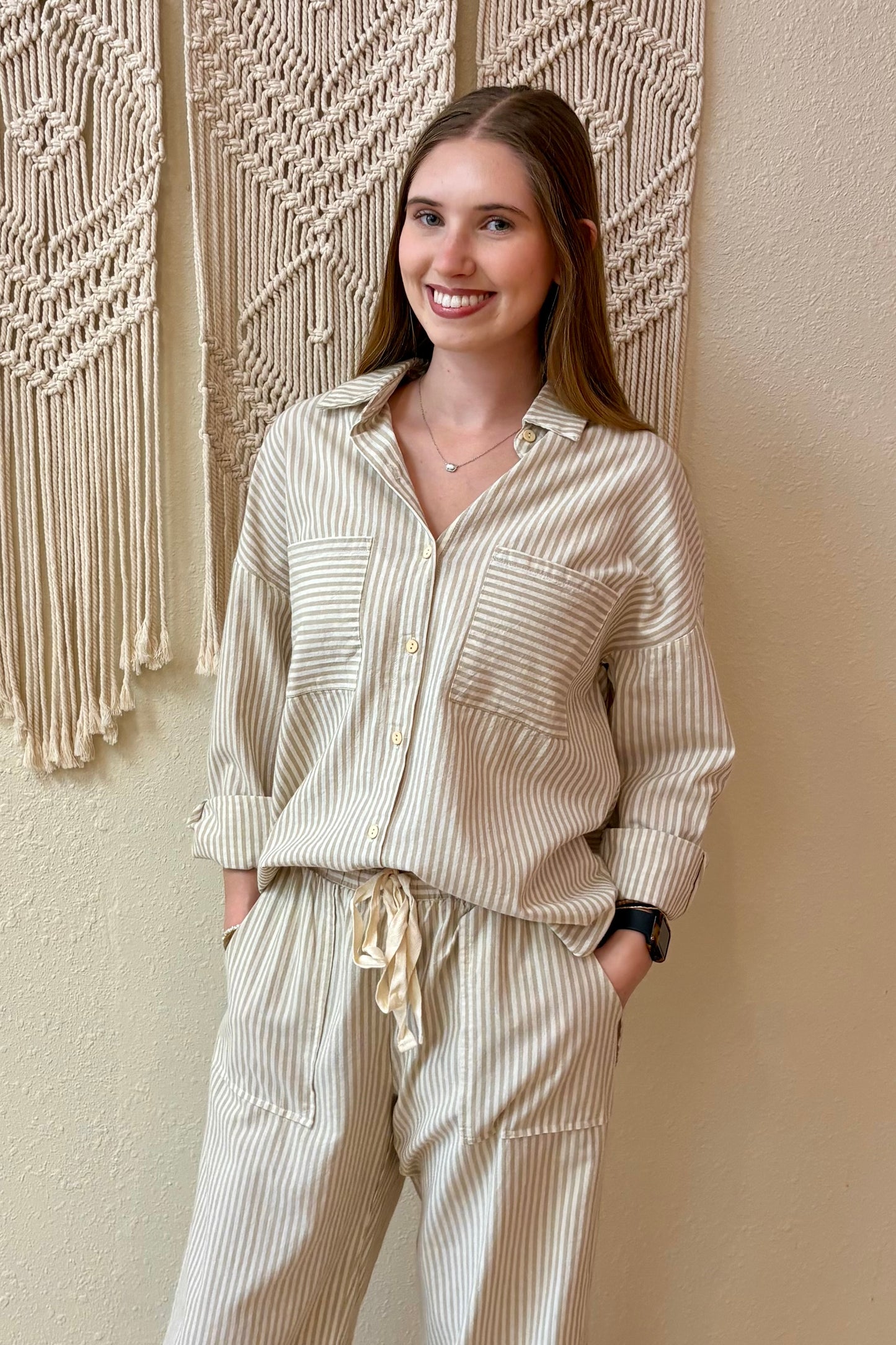 Cora Taupe & White Stripe Woven Shirt