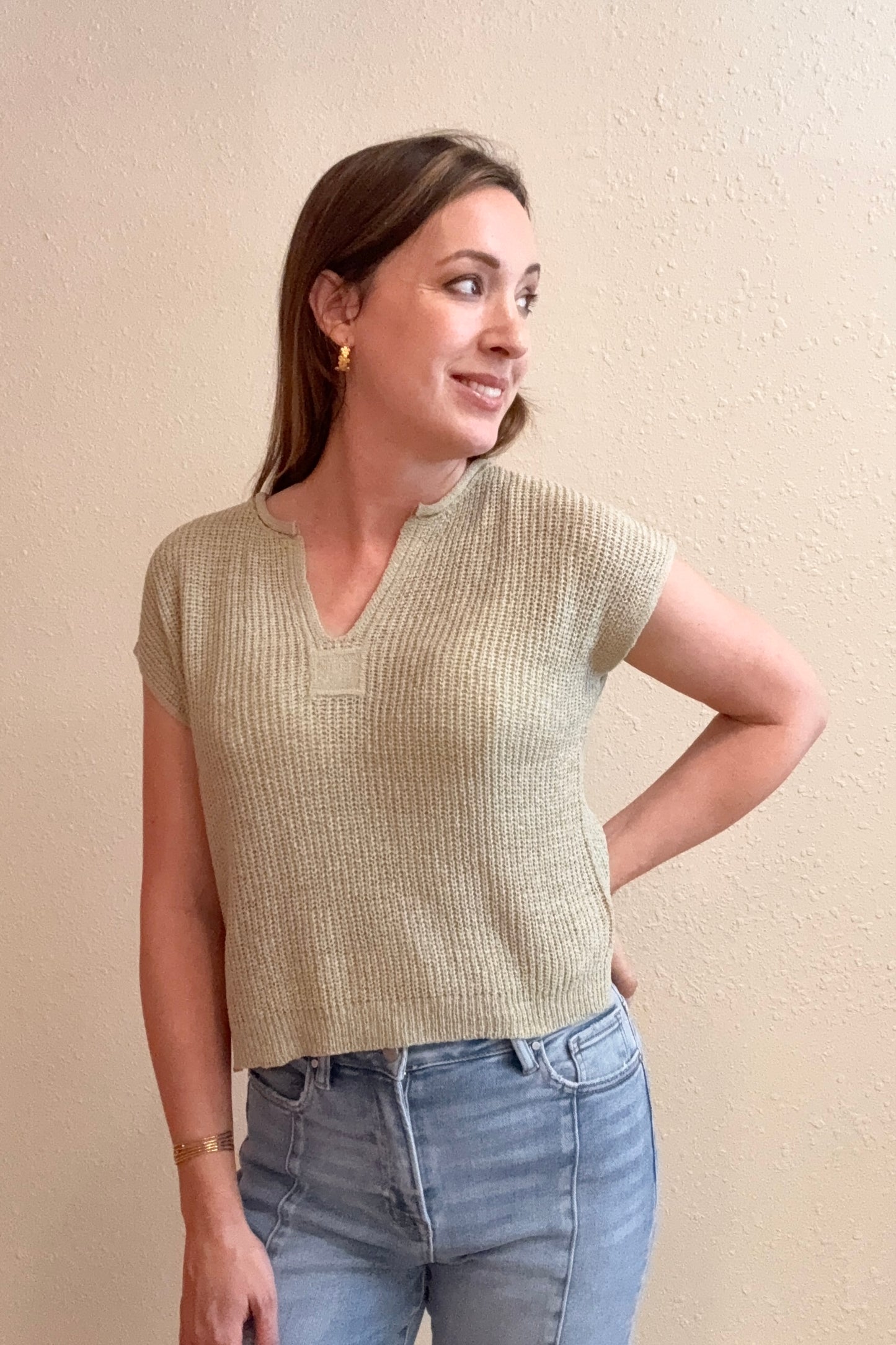 Danielle Light Olive Split Neck Knit Top