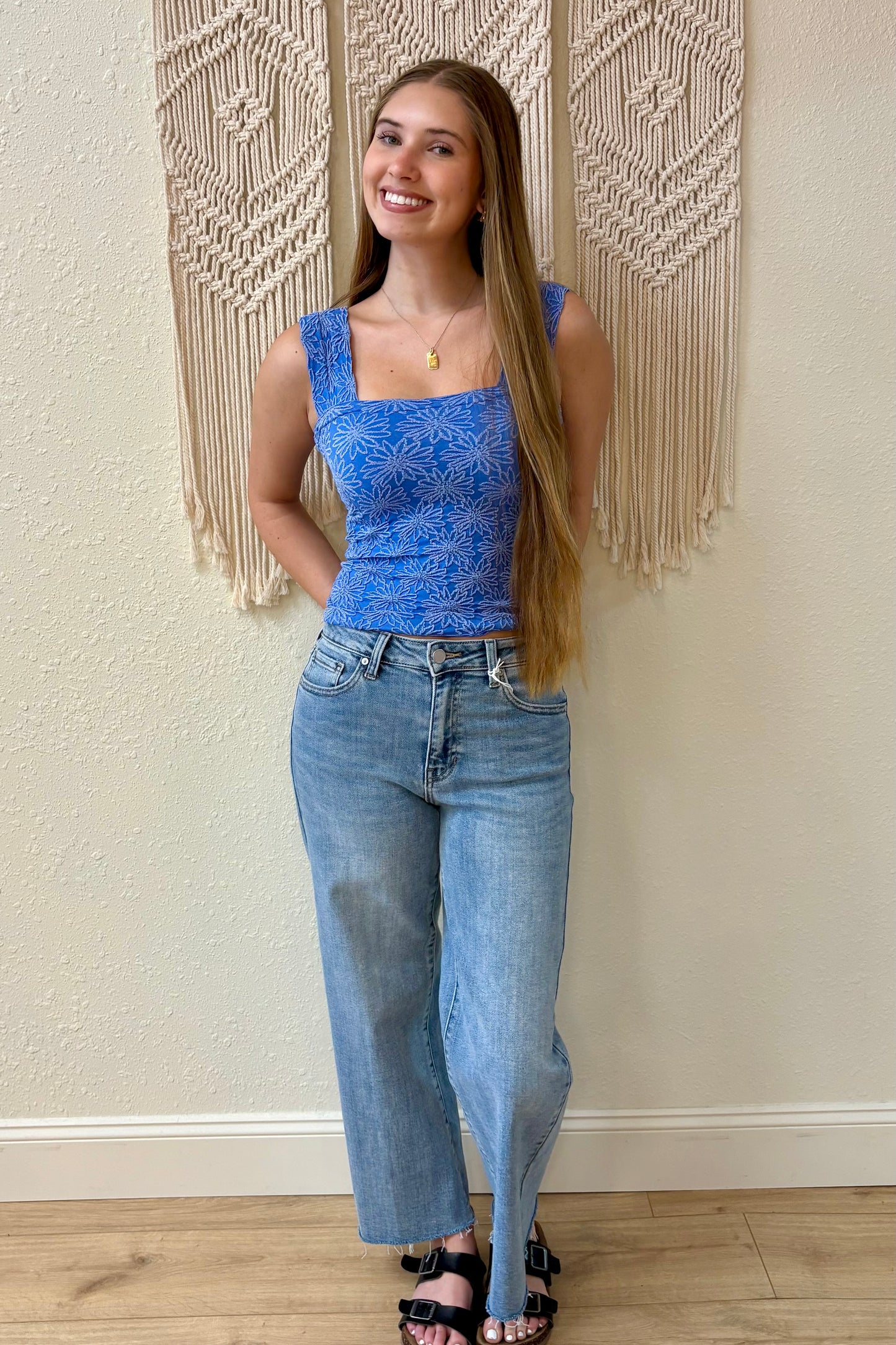 Hailey Blue Square Neck Floral Jacquard Tank Top