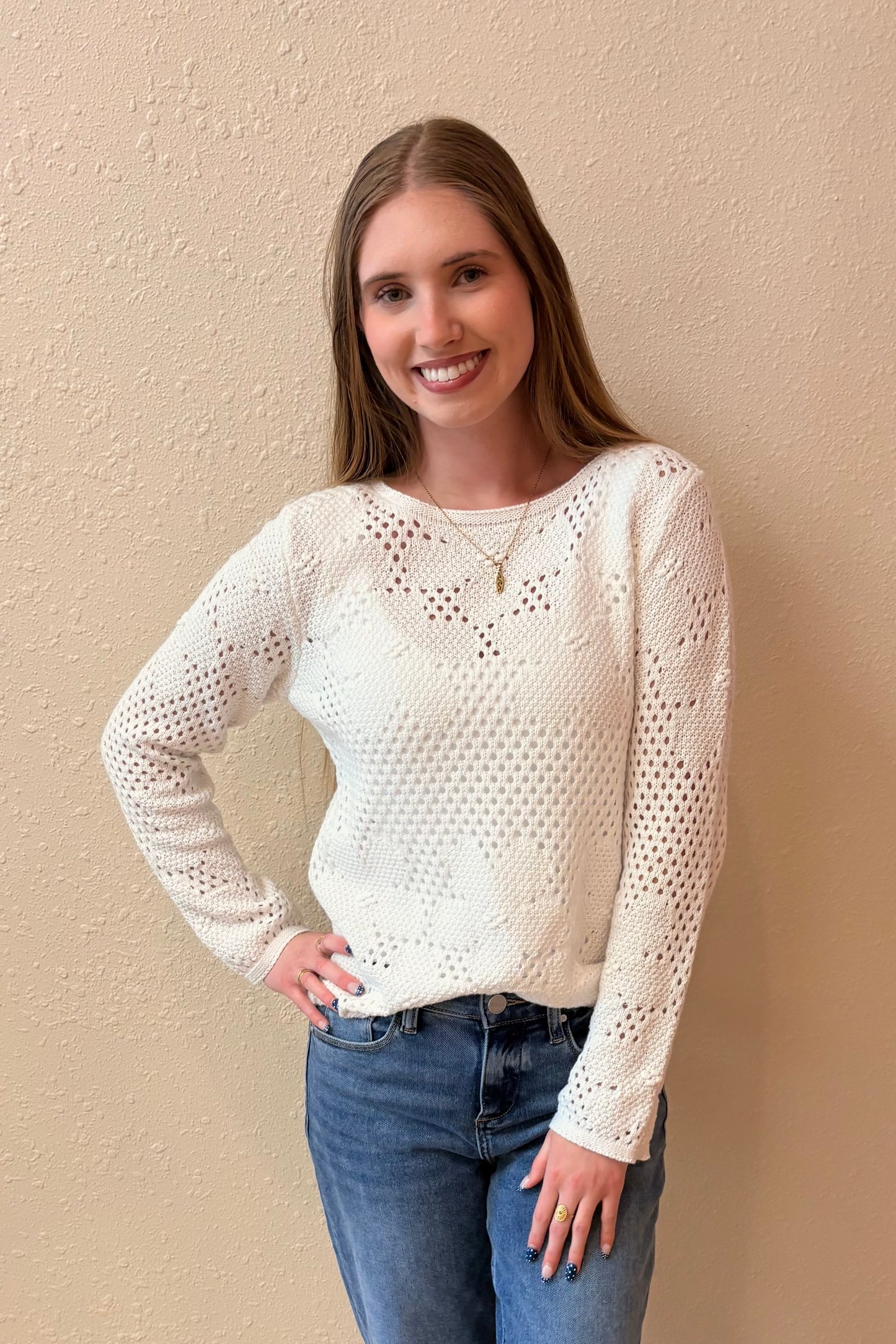 Daniella White Floral Open Weave Sweater