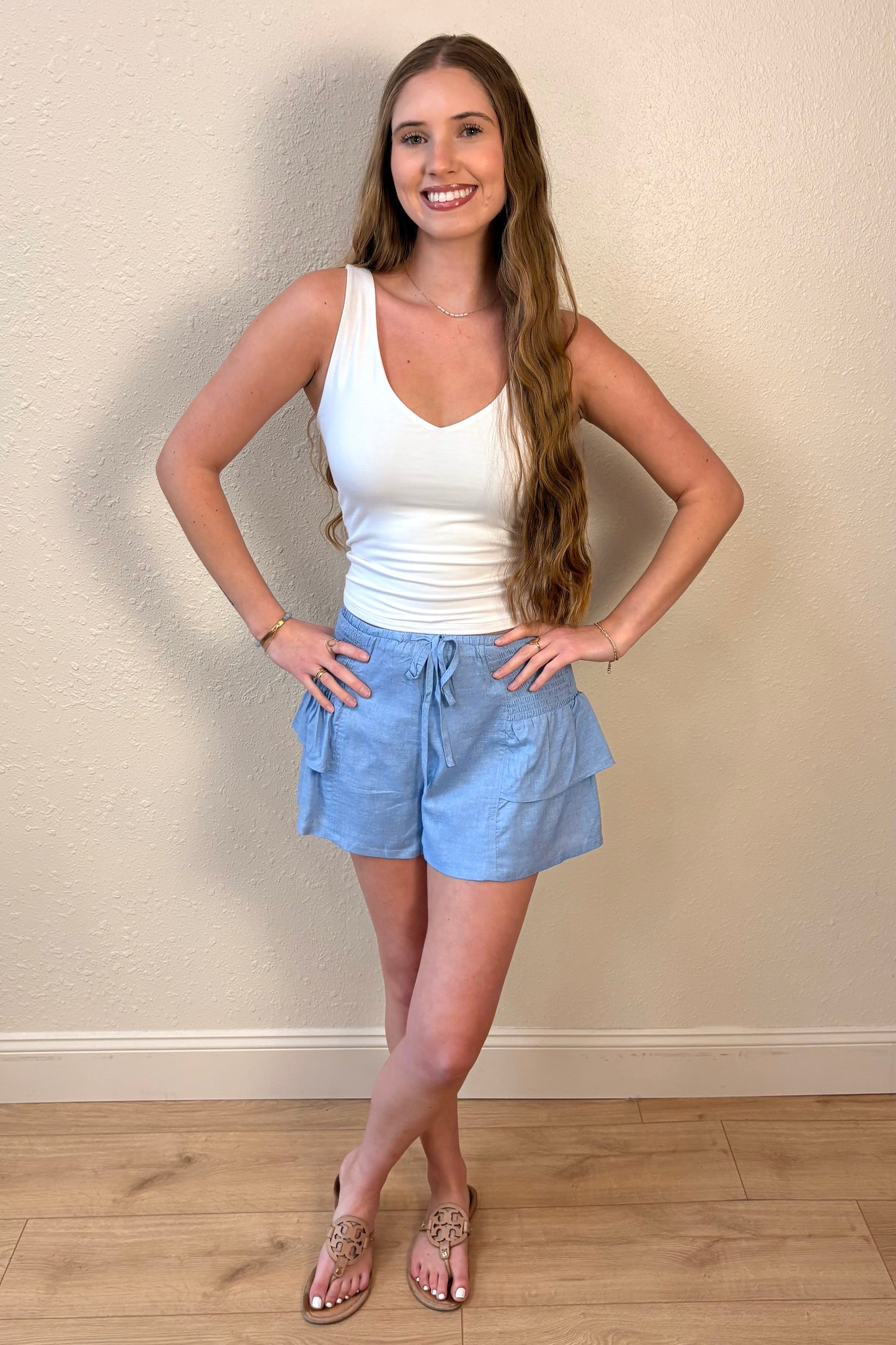 Skye Light Blue Ruffle Shorts