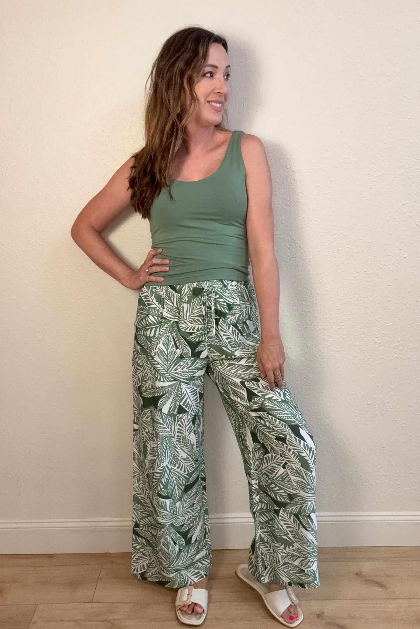 Leah Tropical Leaf Print Wide Leg Pants