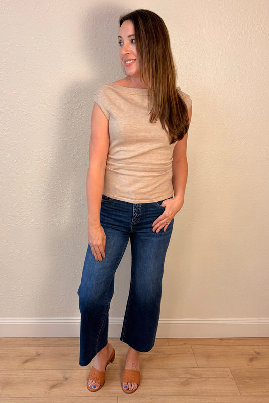 Jess Taupe Side Ruched Boatneck Knit Top