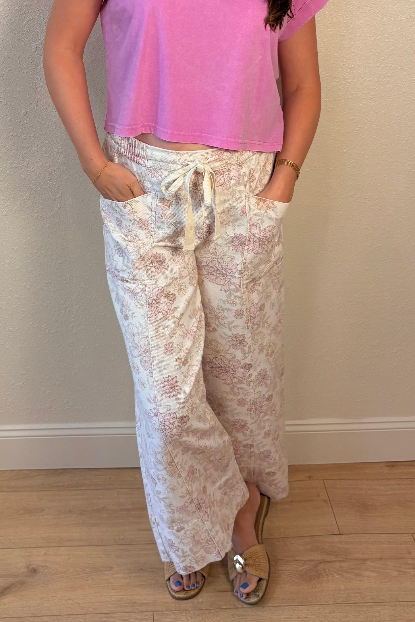 Andrea Pink Floral Utility Pocket Pants