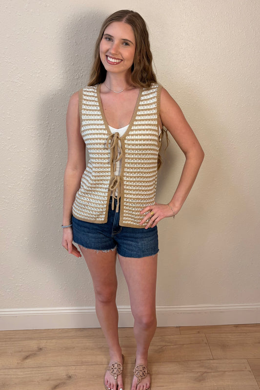 Emmie Neutral Stripe Tie Front Knit Vest