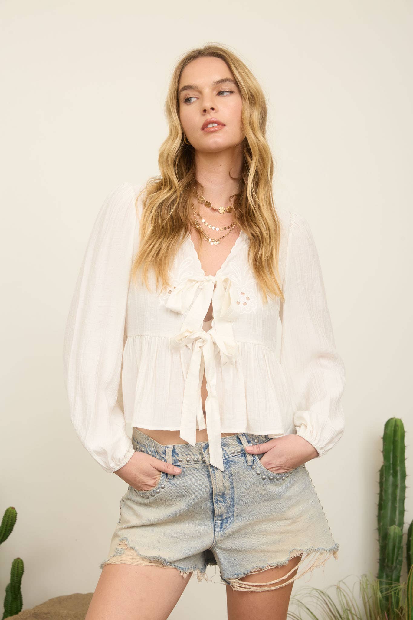 Maci Eyelet Embroidered Front Tie Top