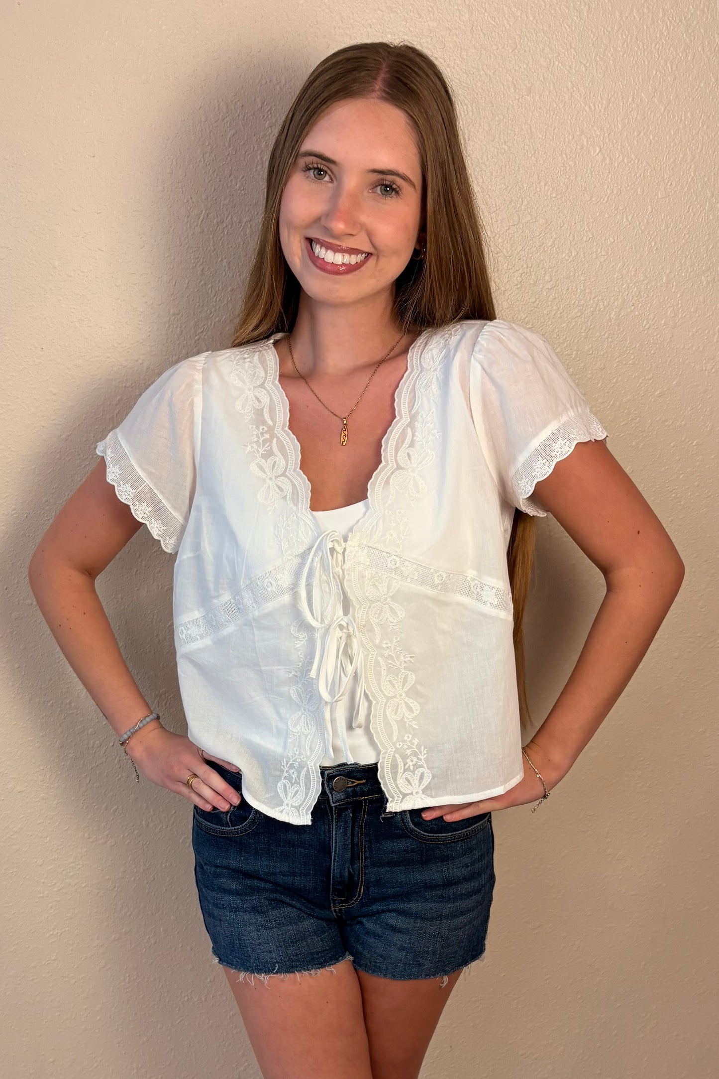 Alessandra Lace Embroidered Tie Front Top
