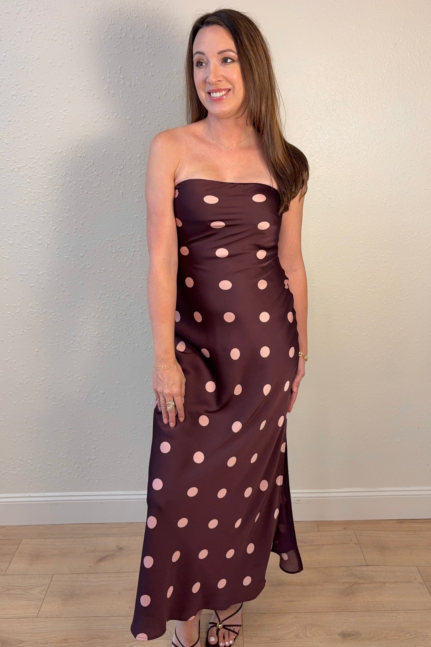 Angela Polka Dot Strapless Satin Maxi Dress