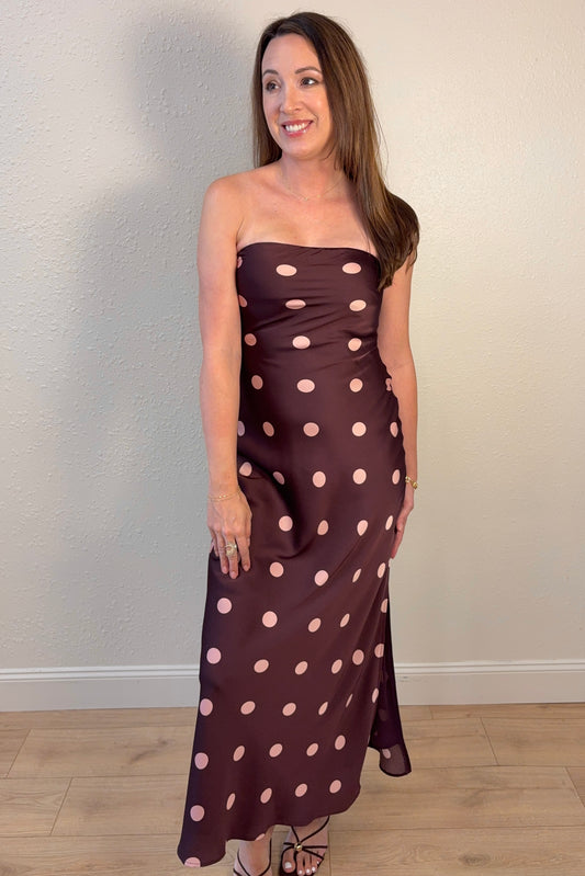 Angela Polka Dot Strapless Satin Maxi Dress