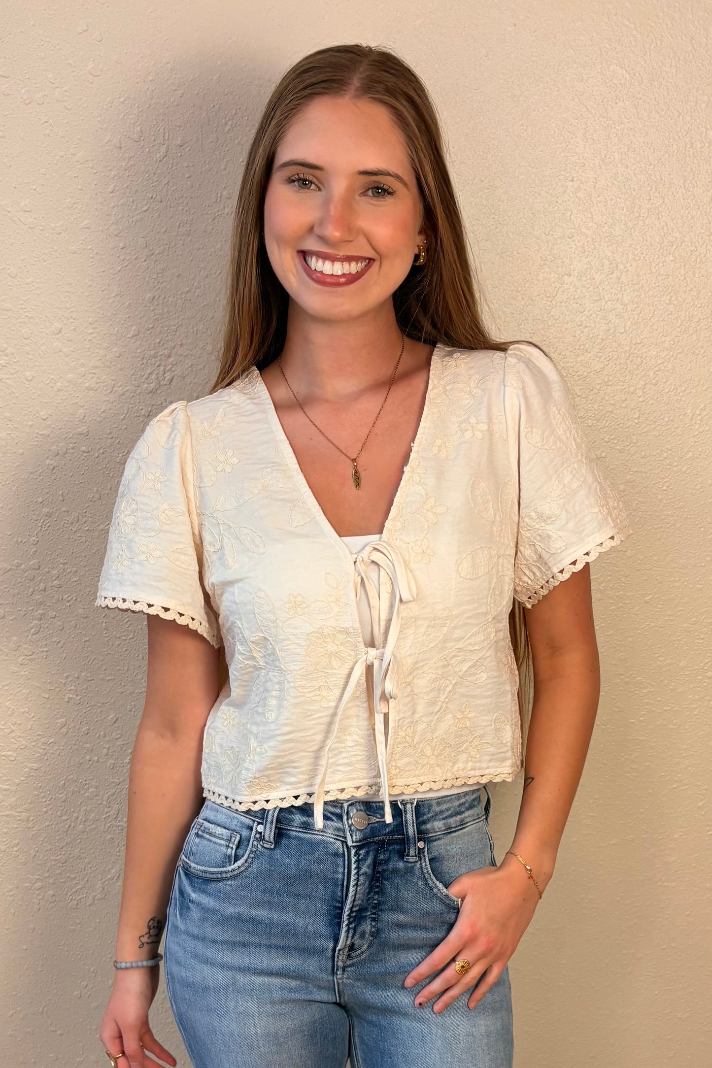 Cecilia Embroidered Tie Front Top