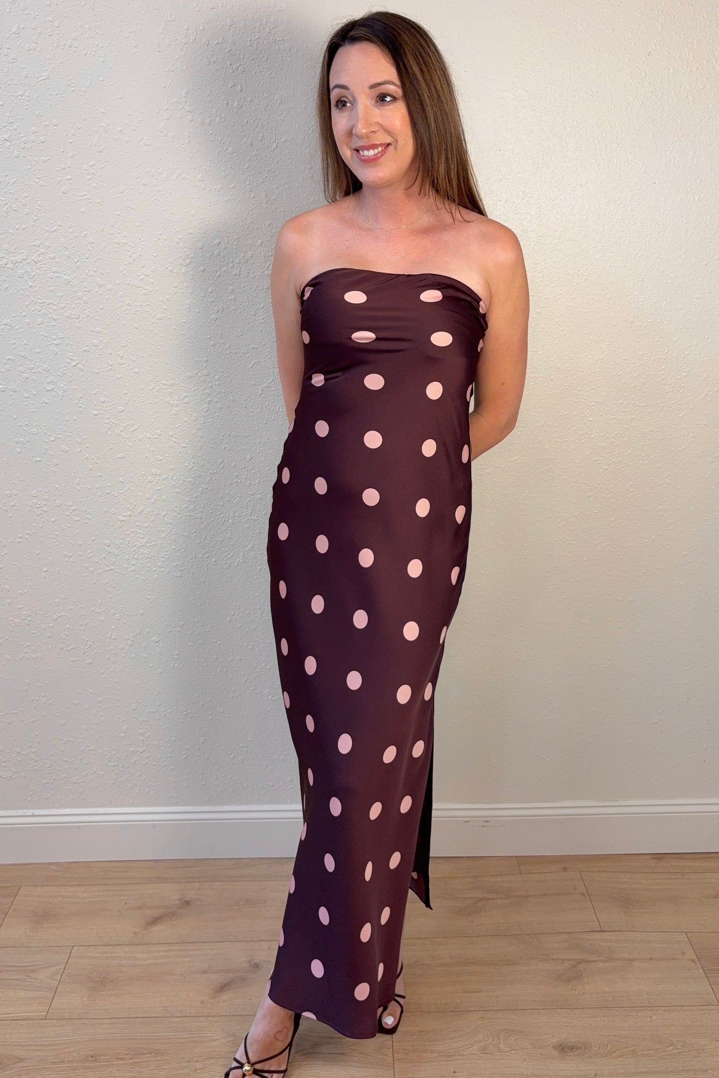 Angela Polka Dot Strapless Satin Maxi Dress