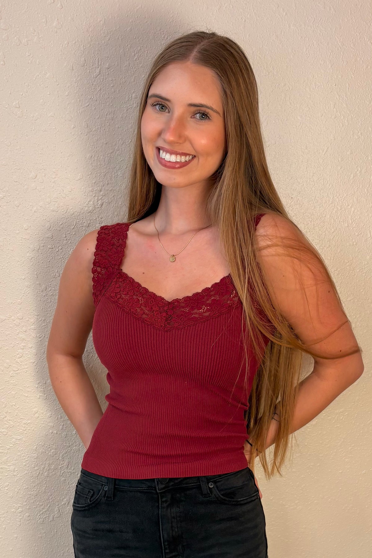 Eliza Burgundy Lace Trim Ribbed Tank Top