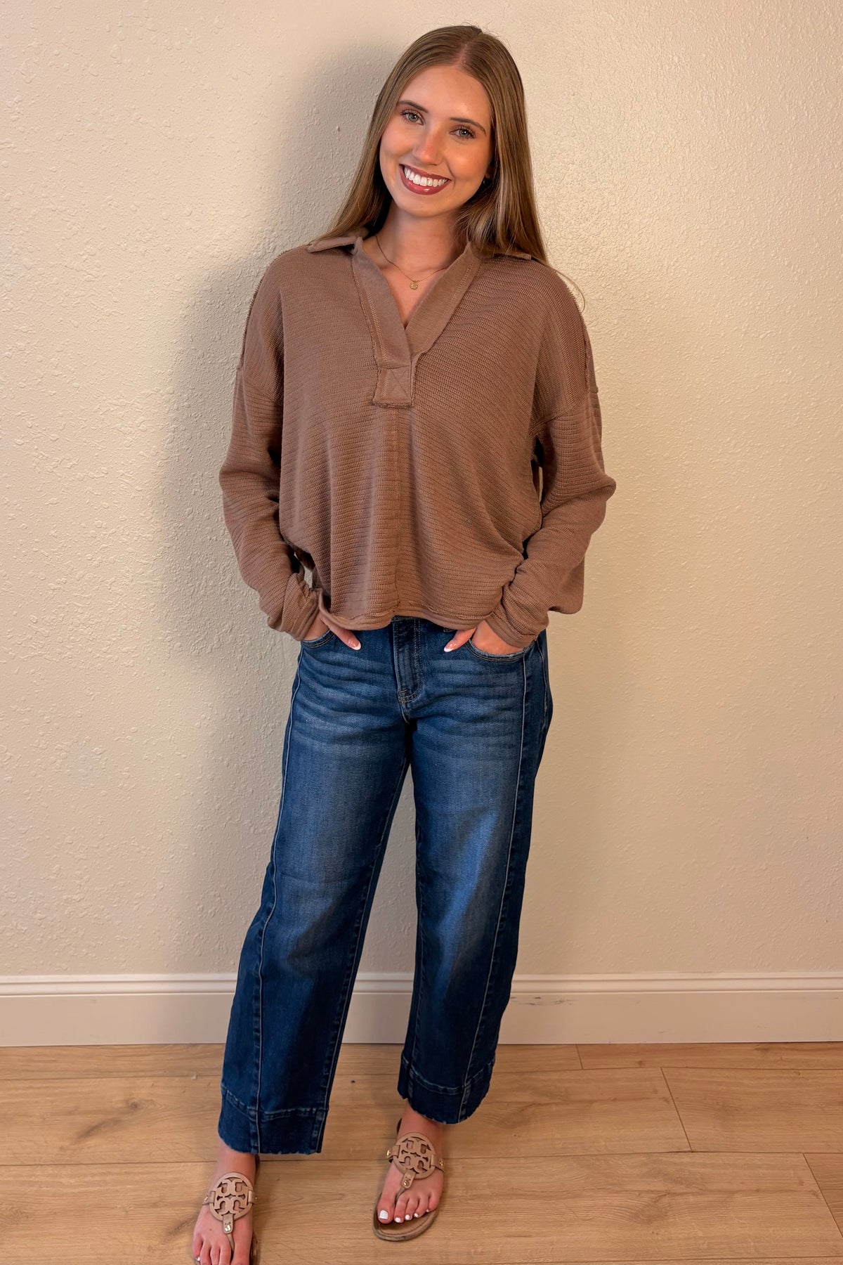 Luna Mocha Split Neck Collared Knit Top