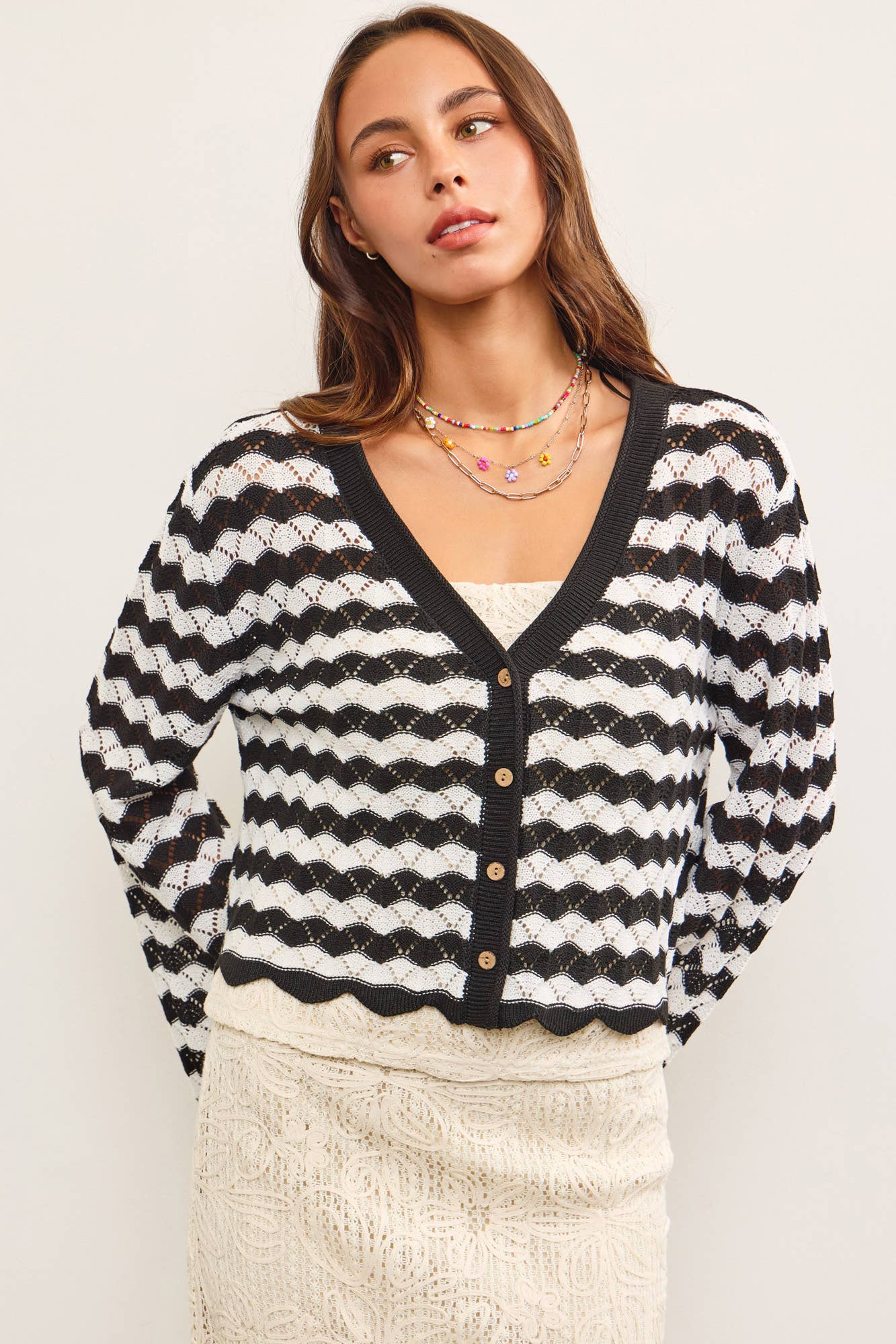 Miriam Scallop Edge Stripe Cardigan Sweater