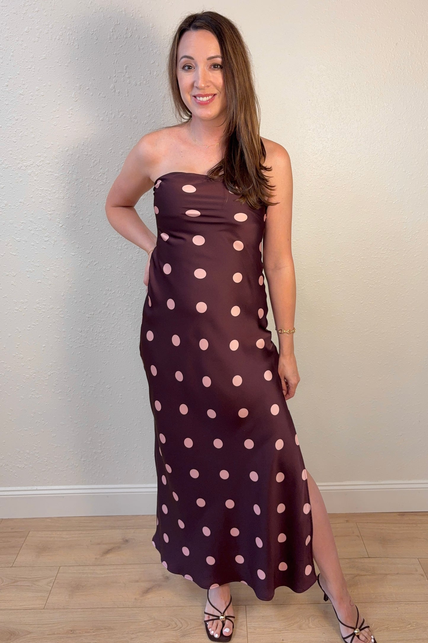 Angela Polka Dot Strapless Satin Maxi Dress