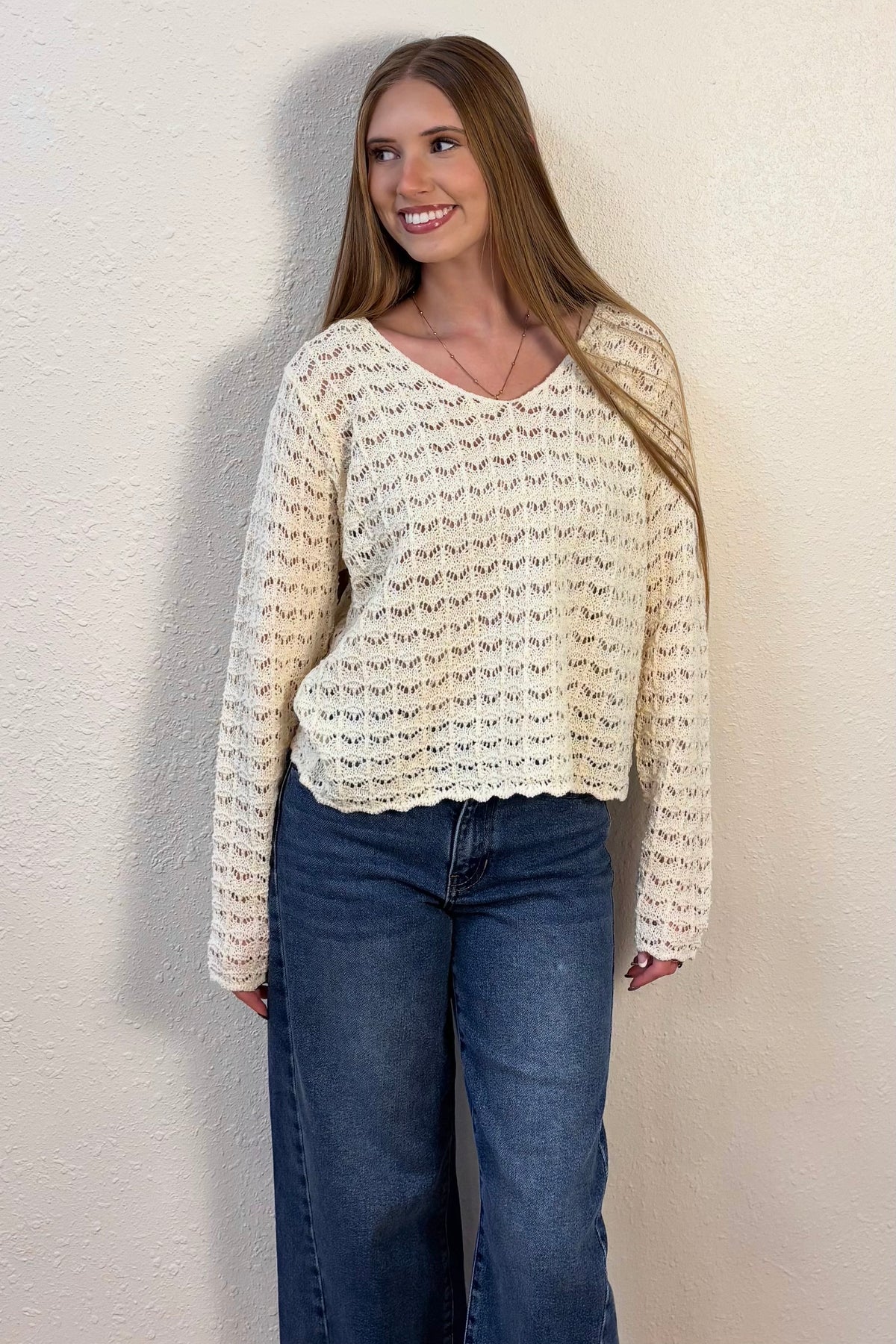 Fern Pointelle V-Neck Sweater
