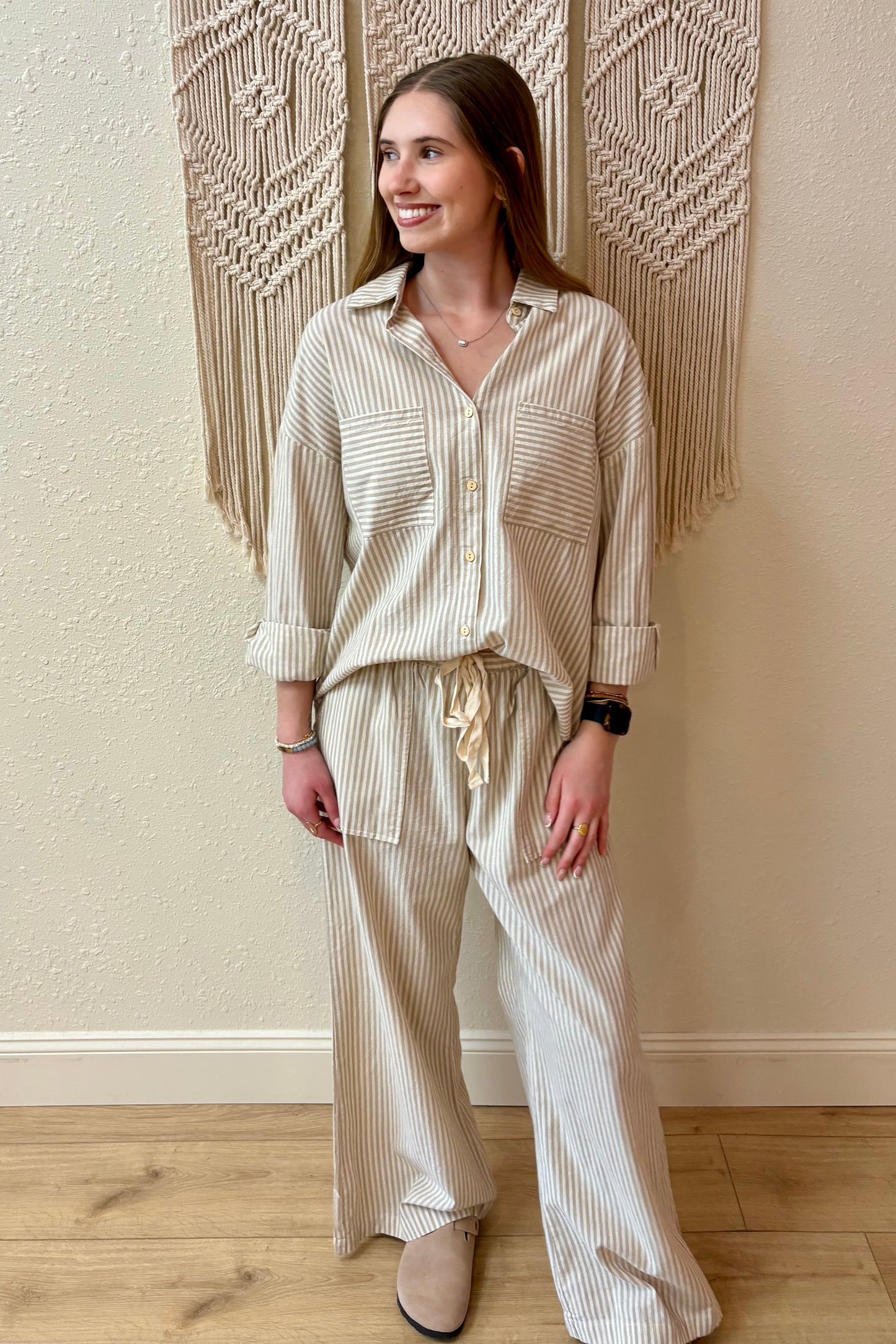 Cora Taupe & White Stripe Woven Shirt