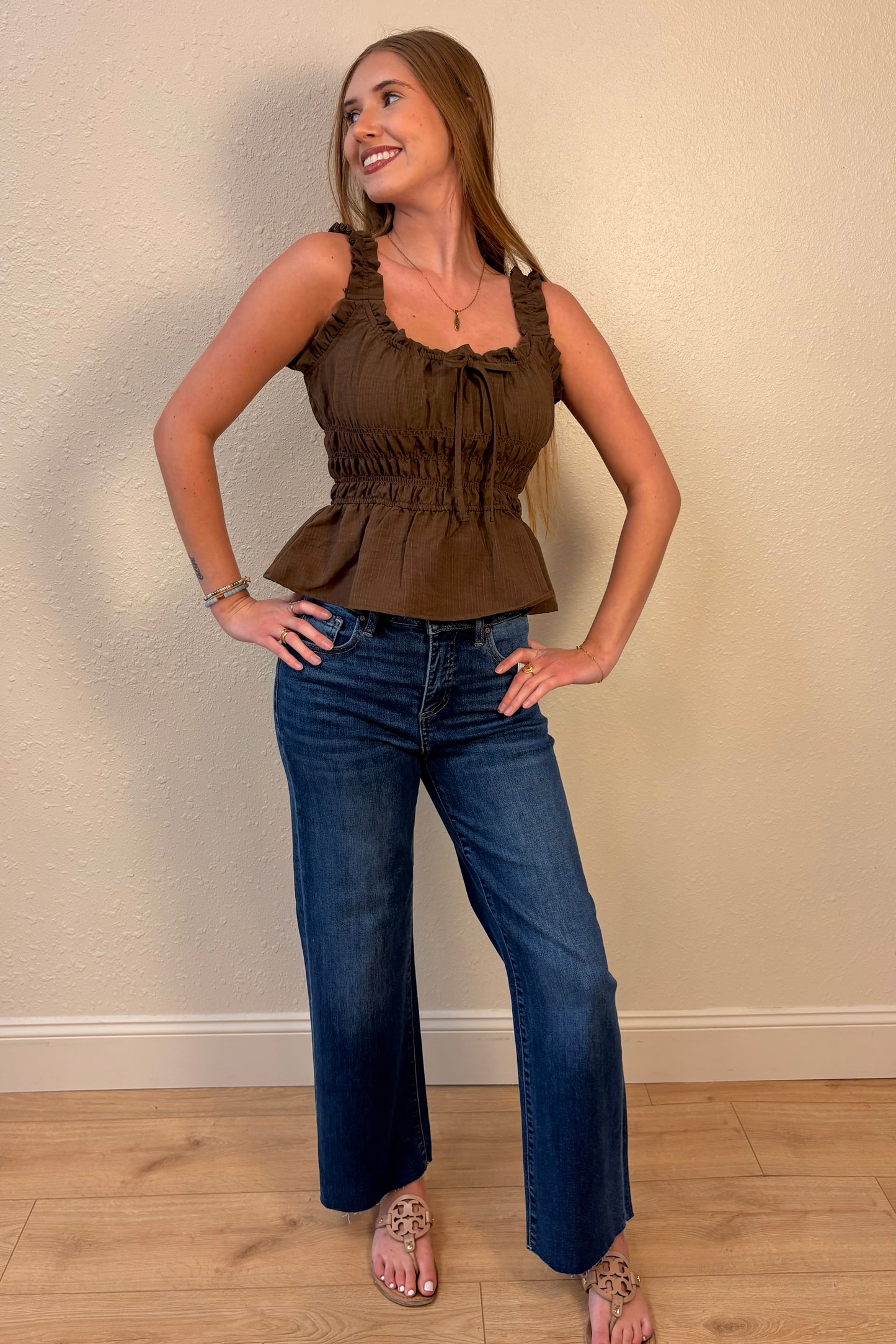 Ella Brown Ruffle Peplum Tank Top