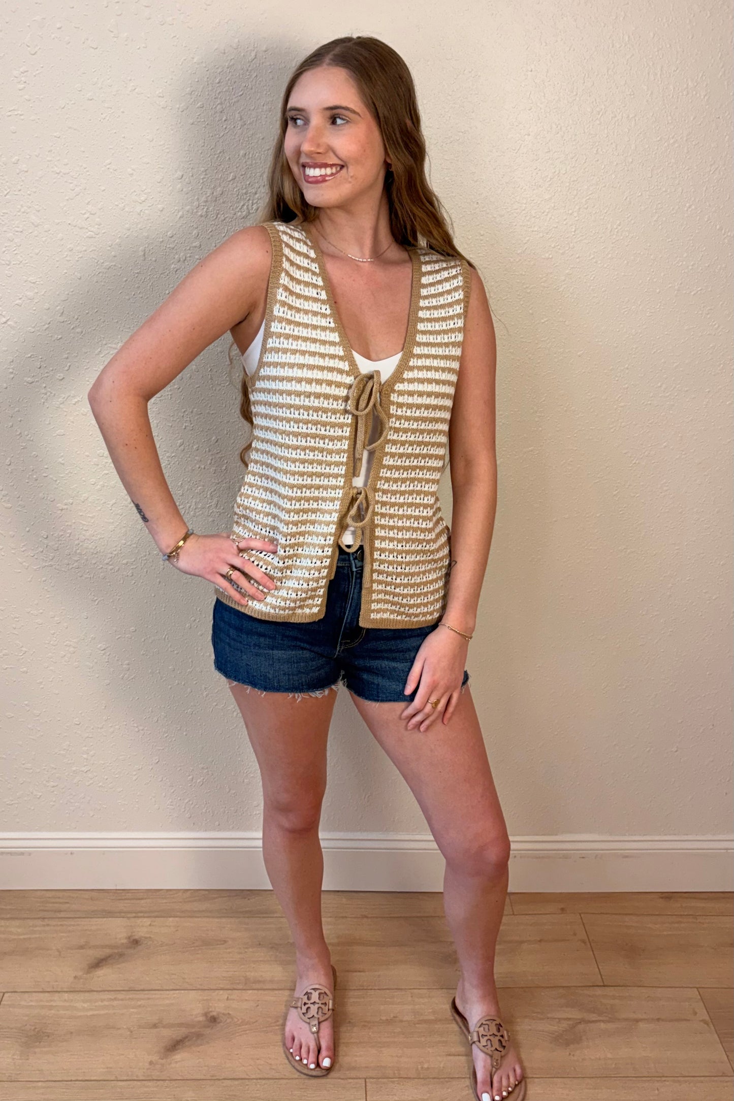 Emmie Neutral Stripe Tie Front Knit Vest