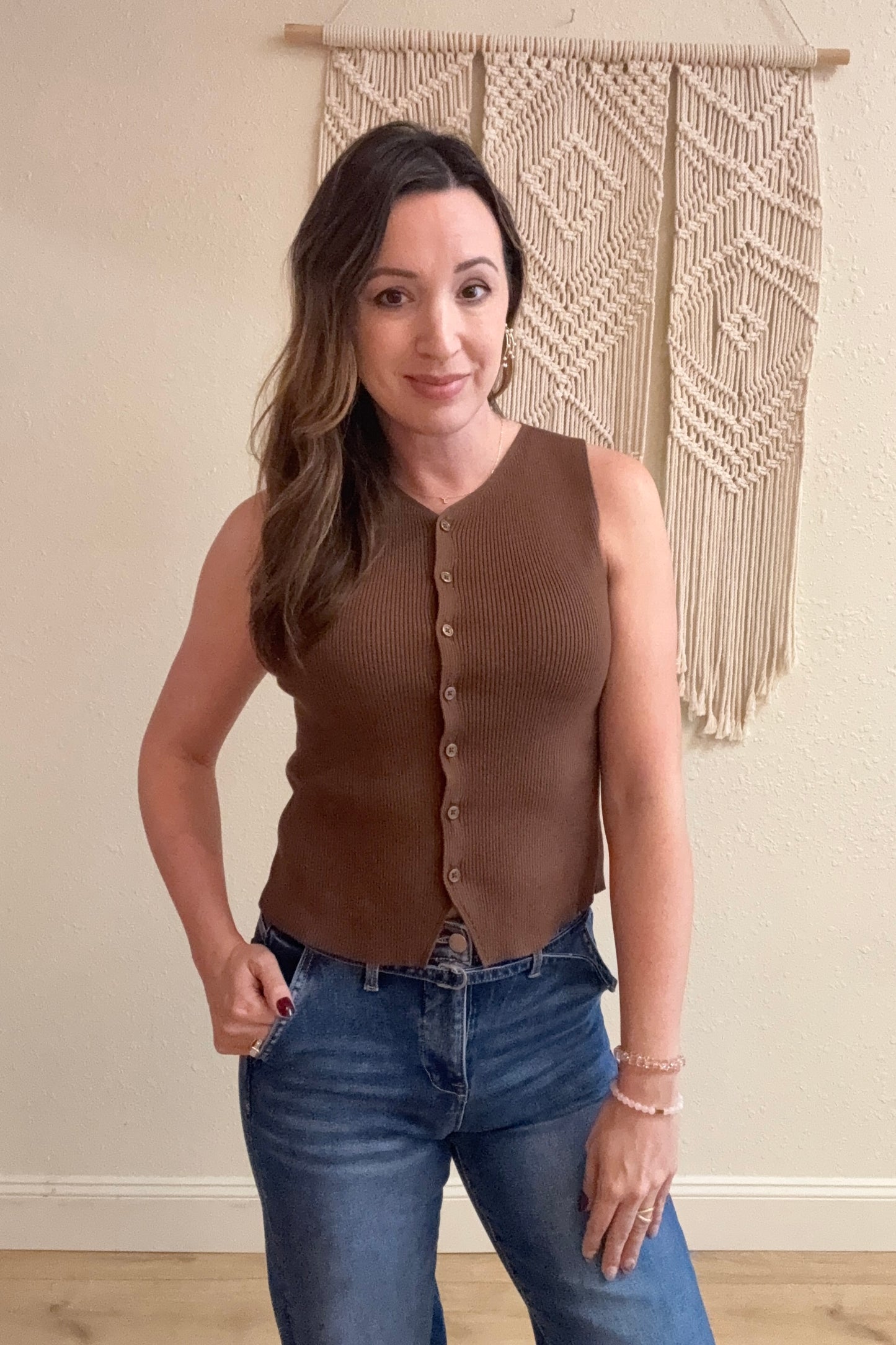 Josie Button Front Knit Sweater Vest Mocha