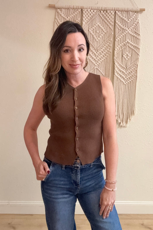 Josie Button Front Knit Sweater Vest Mocha