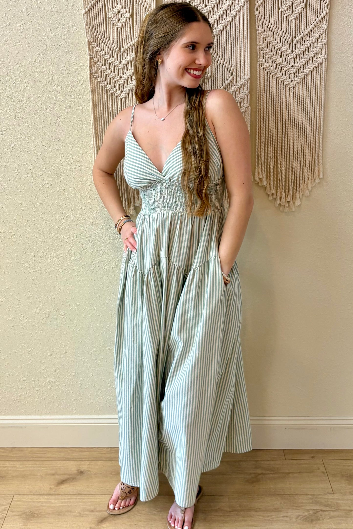 Parker Sage Green Striped Maxi Dress