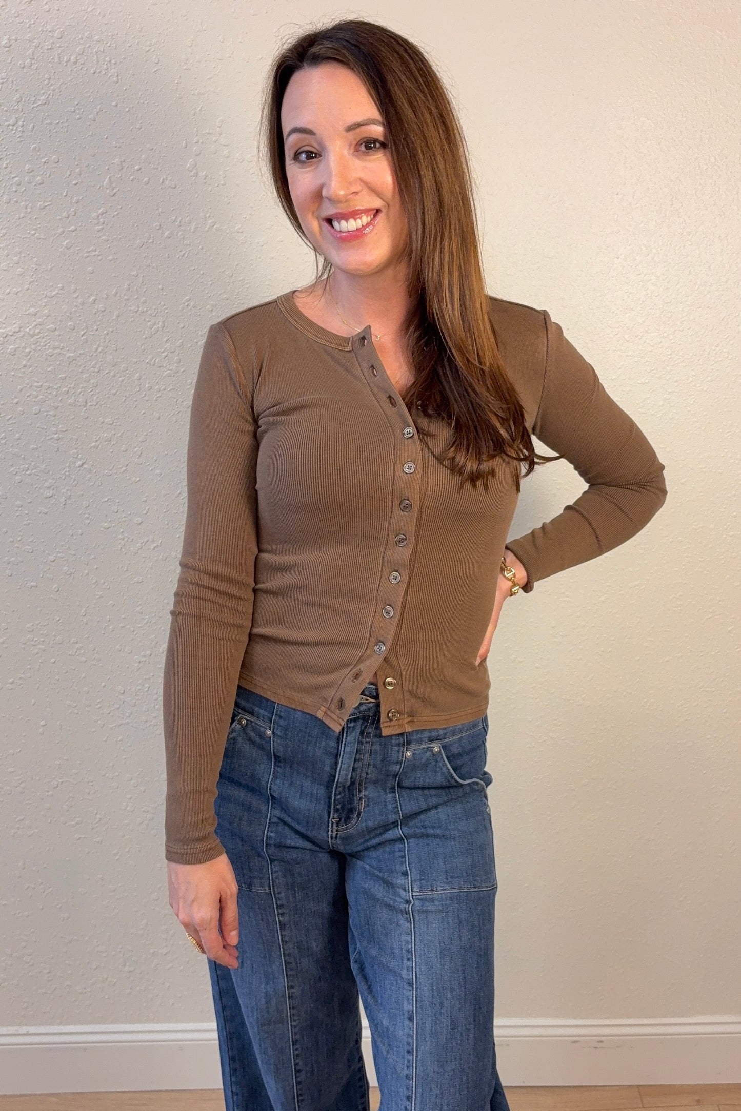 Taryn Mocha Ribbed Long Sleeve Cardigan Top