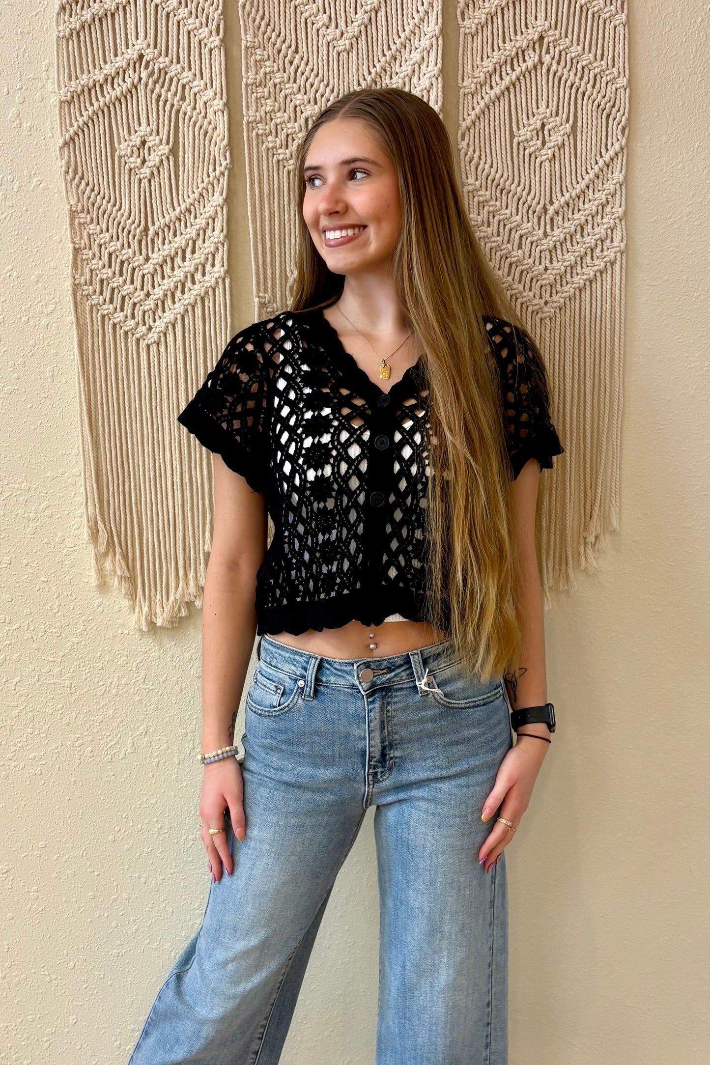 Bella Short Sleeve Crochet Cardigan Black