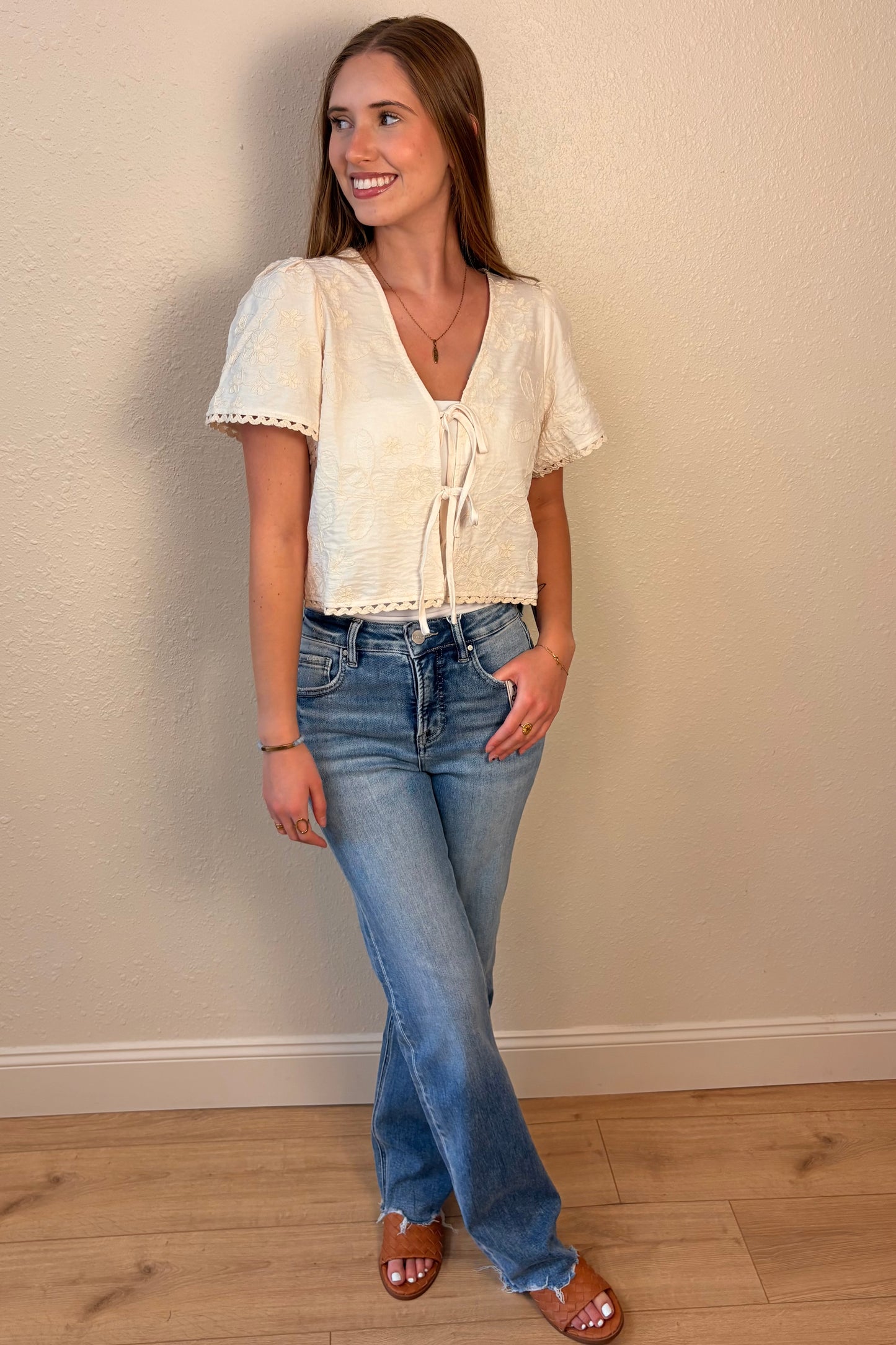 Cecilia Embroidered Tie Front Top