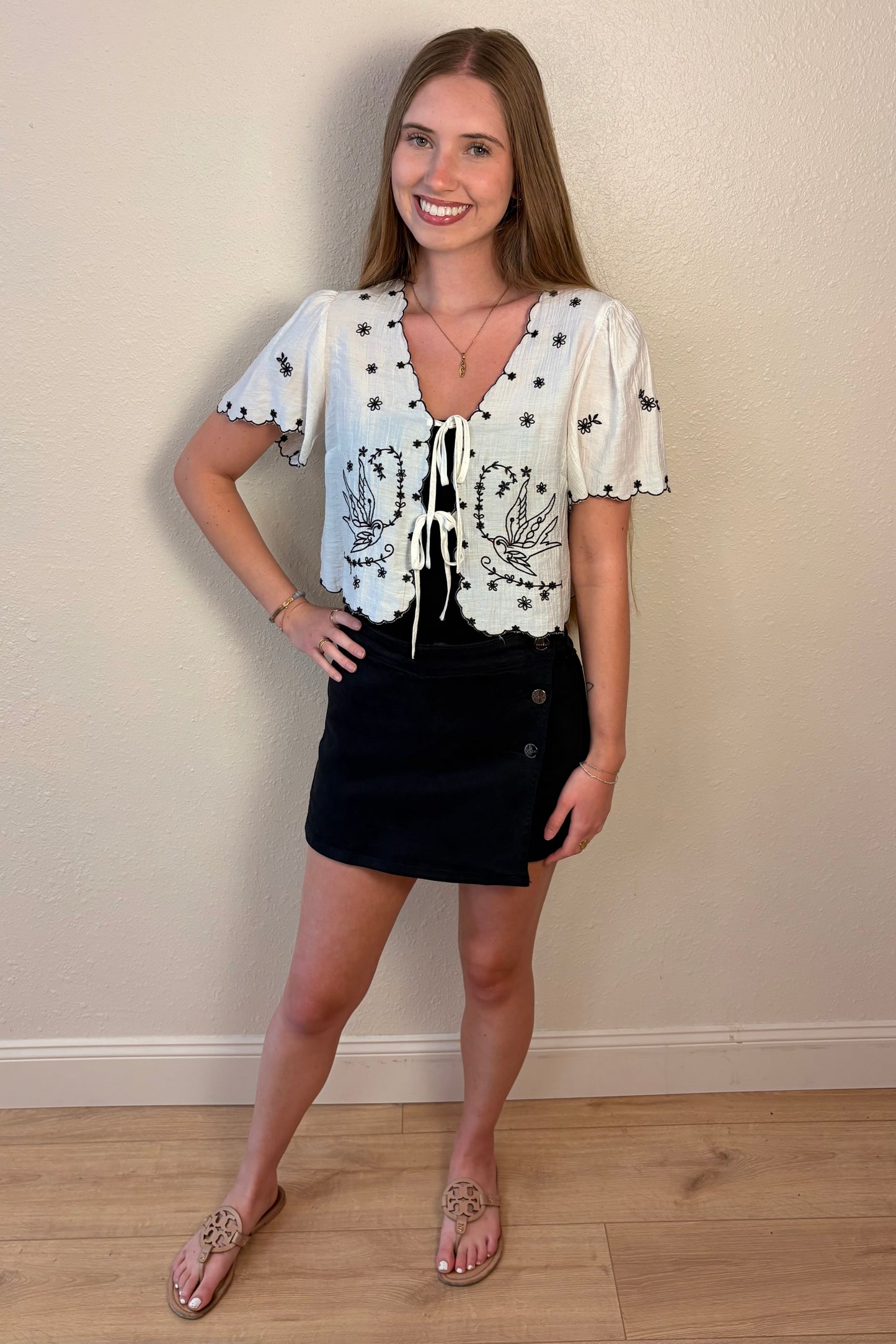 Magnolia Bird Embroidered Tie Front Top