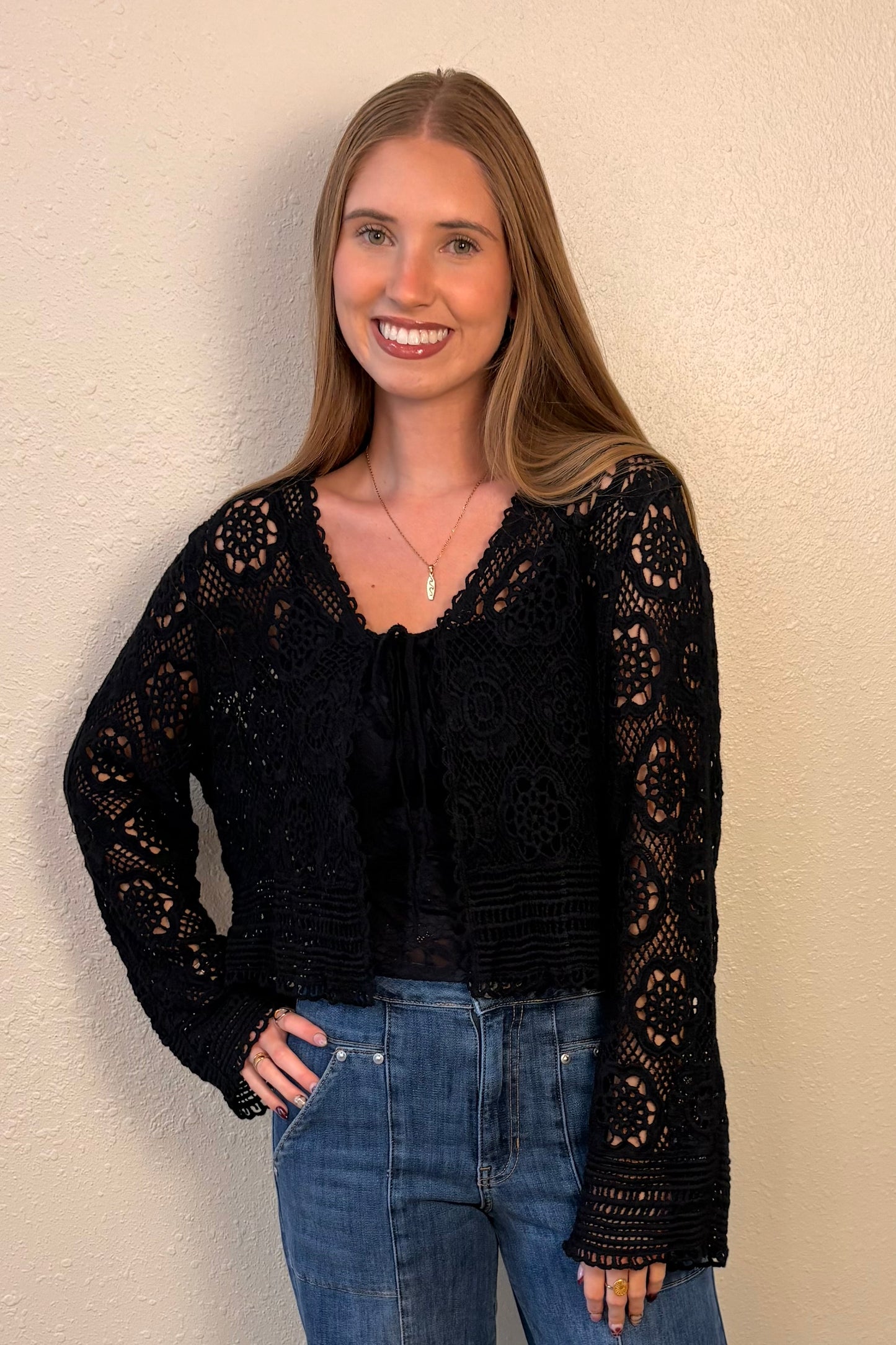 Kiya Tie Front Long Sleeve Crochet Knit Top