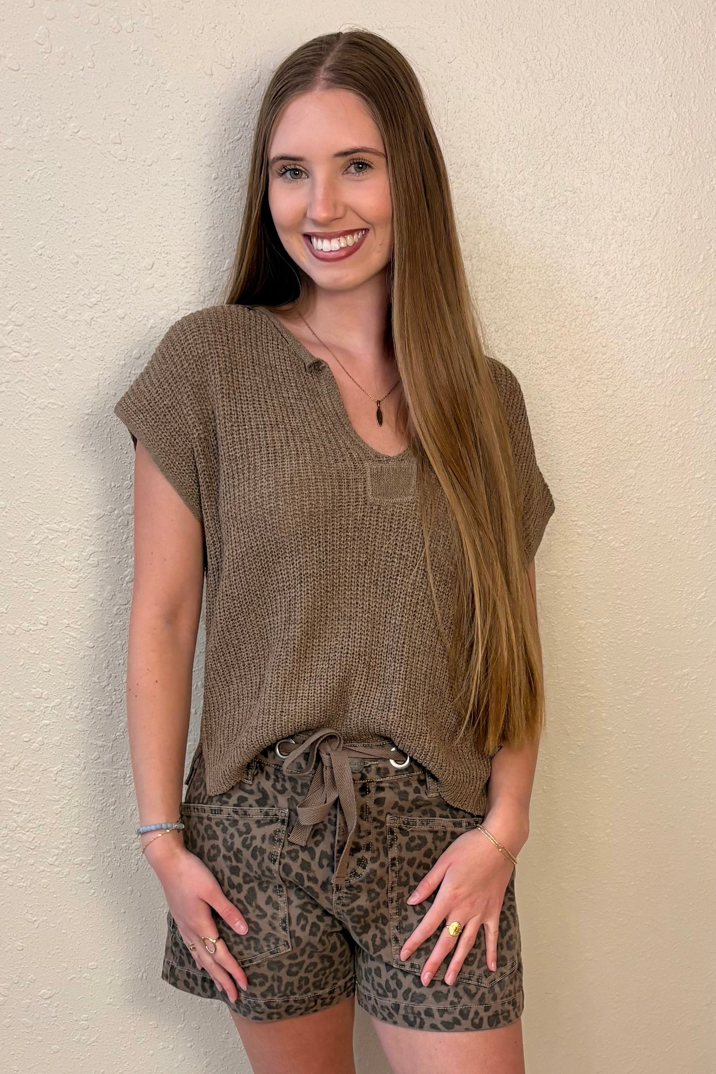 Danielle Mocha Split Neck Top
