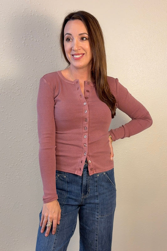 Taryn Mauve Ribbed Long Sleeve Cardigan Top