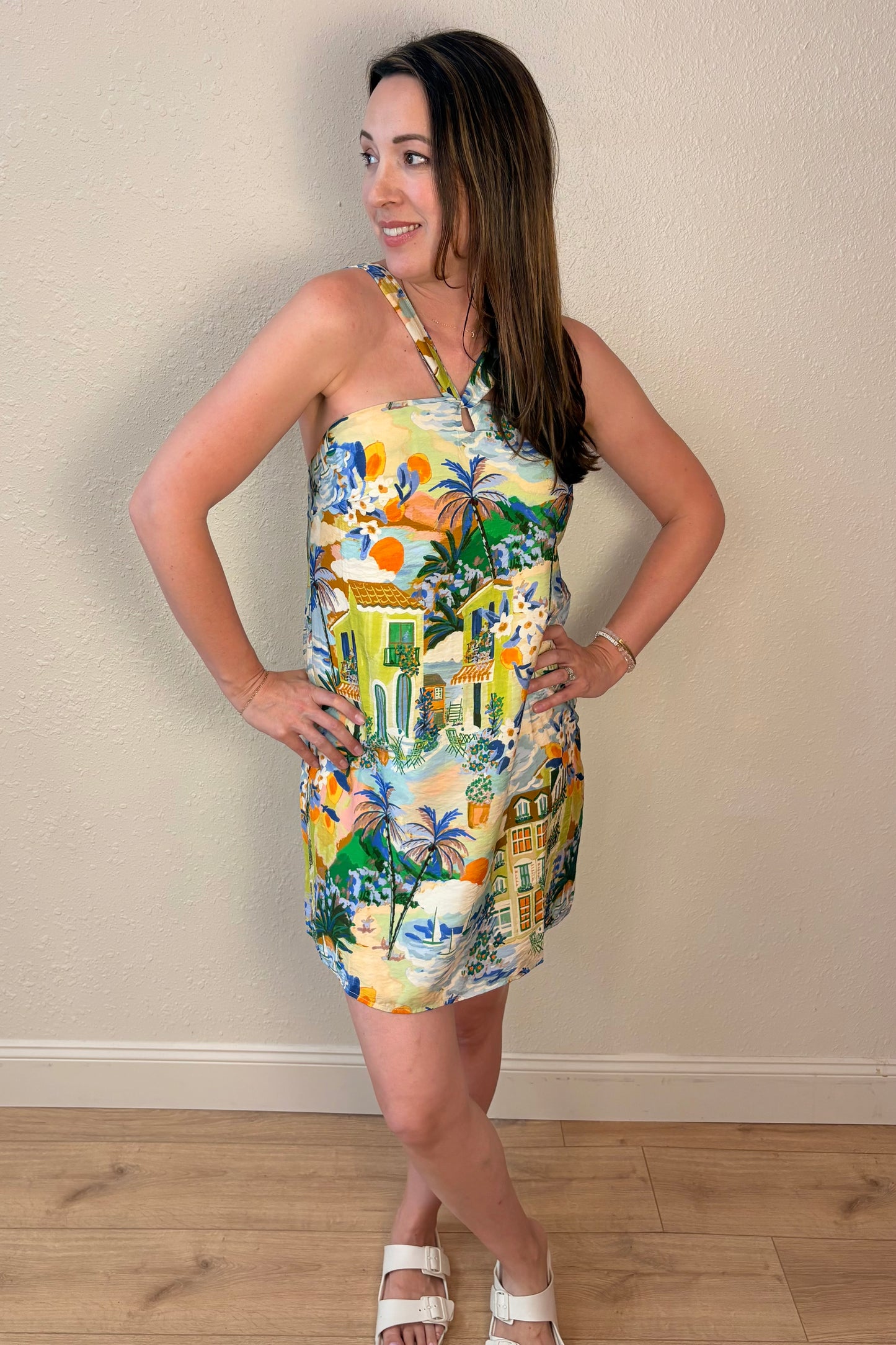 Elena Tropical Print Halter Mini Dress