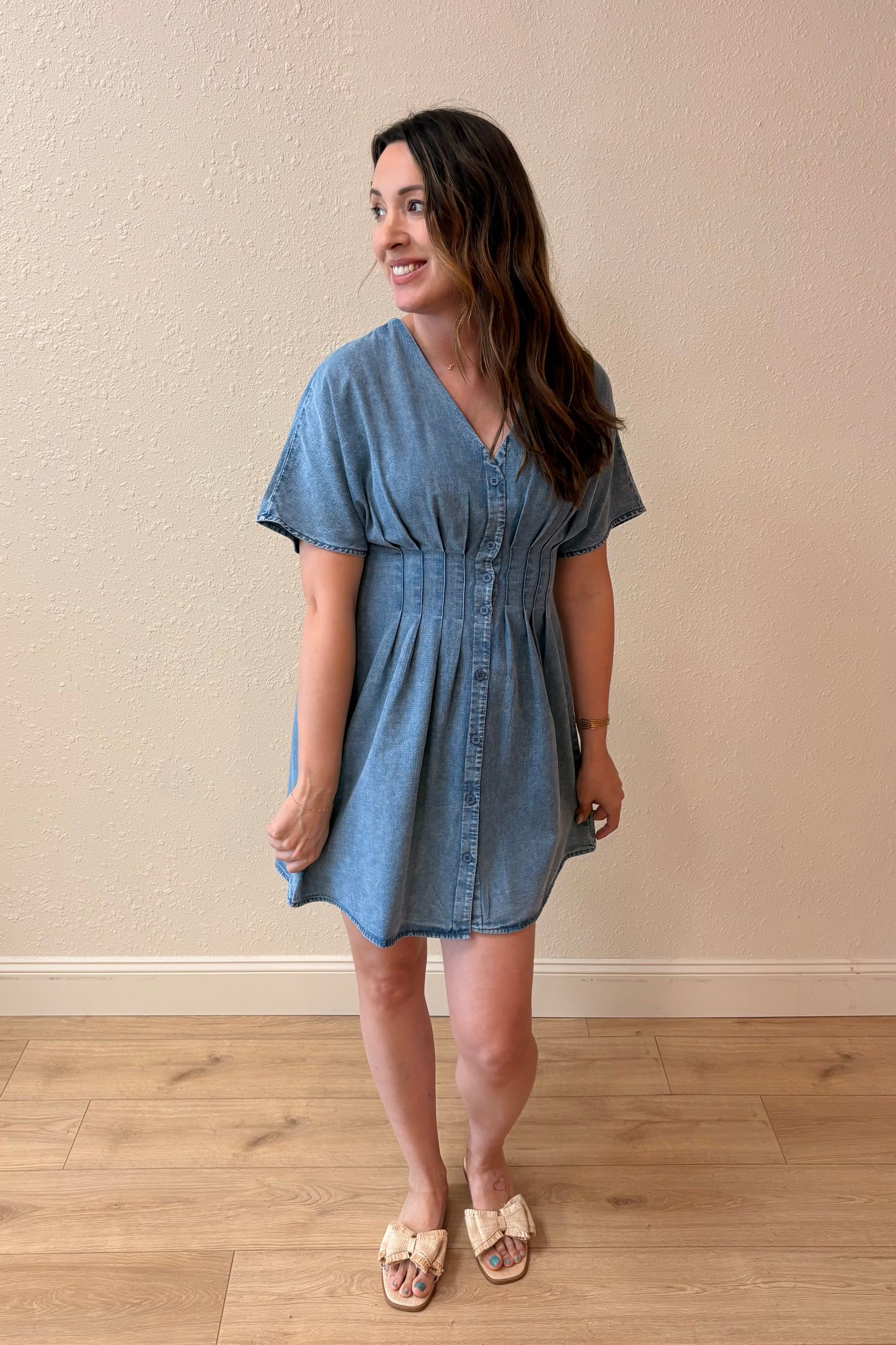 Maeve Pleated Waist Denim Dress