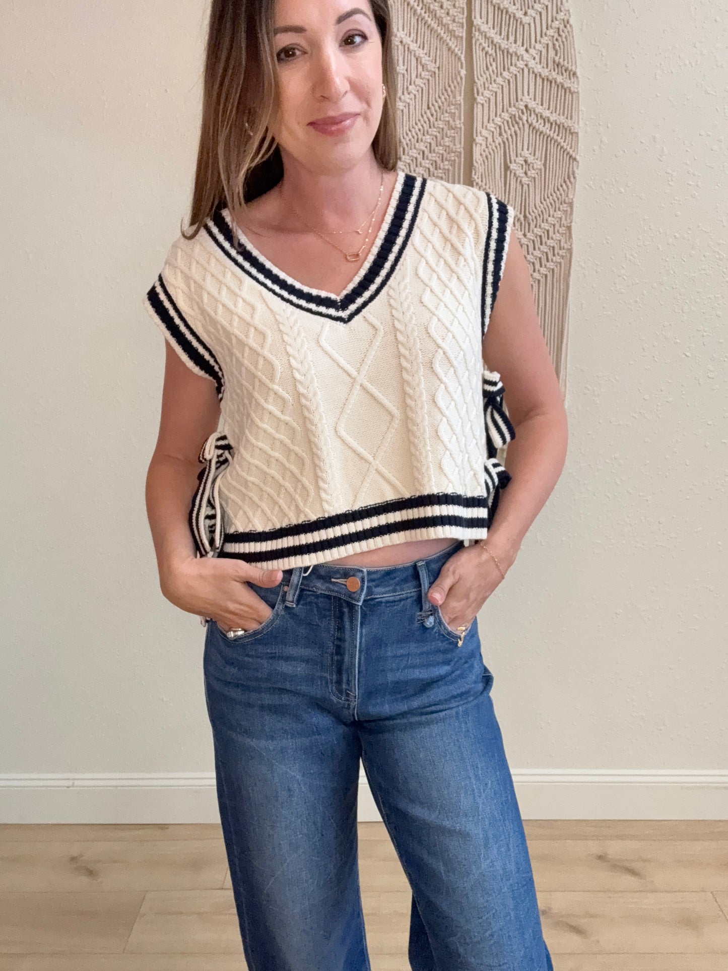 Genevieve Contrast Trim Side Tie Sweater Vest