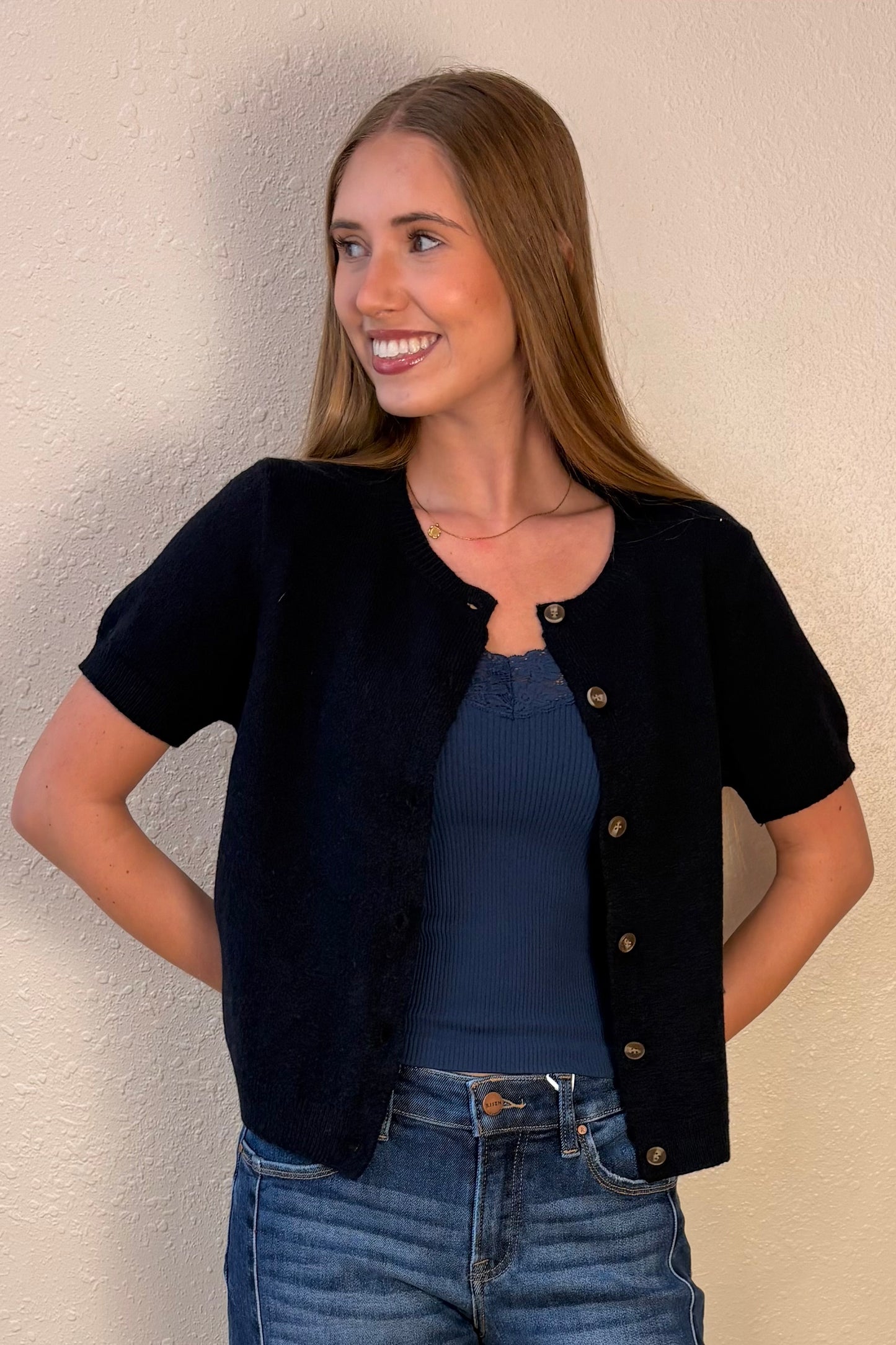 Amber Navy Short Sleeve Cardigan Sweater