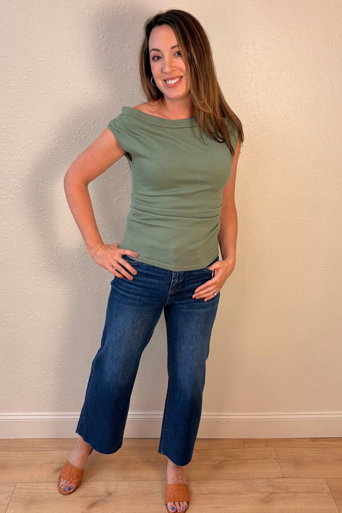 Jess Sage Green Side Ruched Boatneck Knit Top