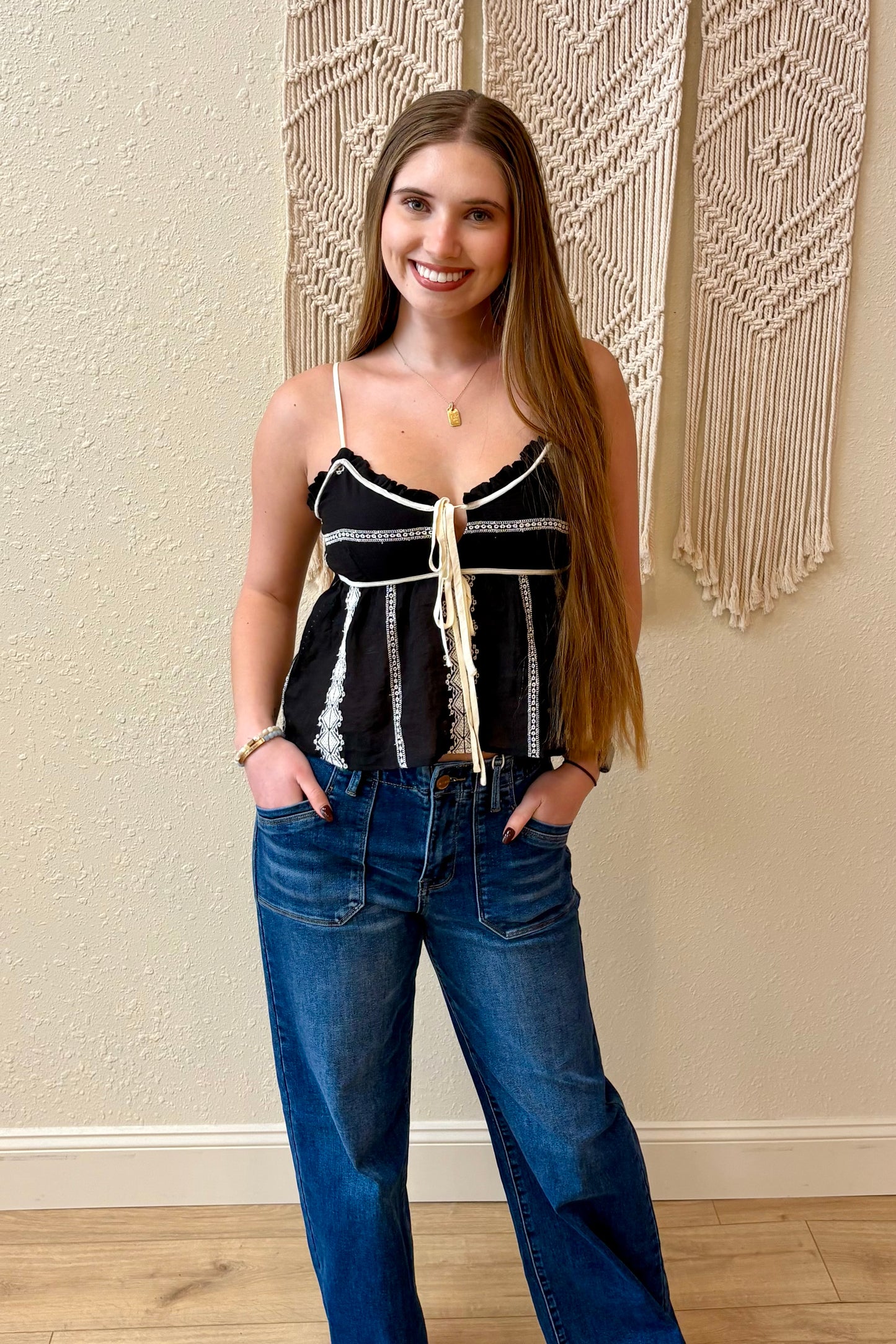 Brielle Embroidered Tie Front Tank Top