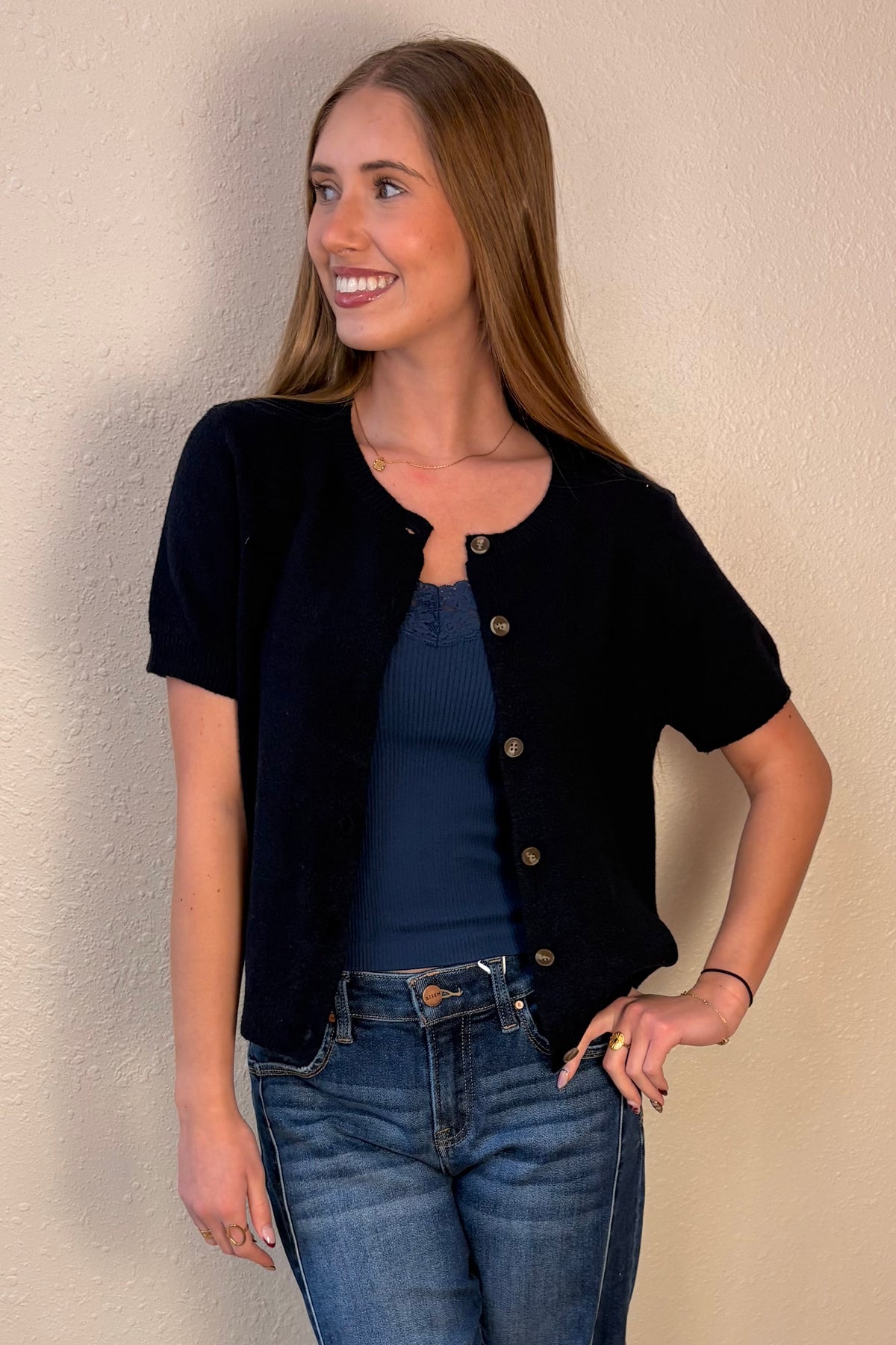 Amber Navy Short Sleeve Cardigan Sweater
