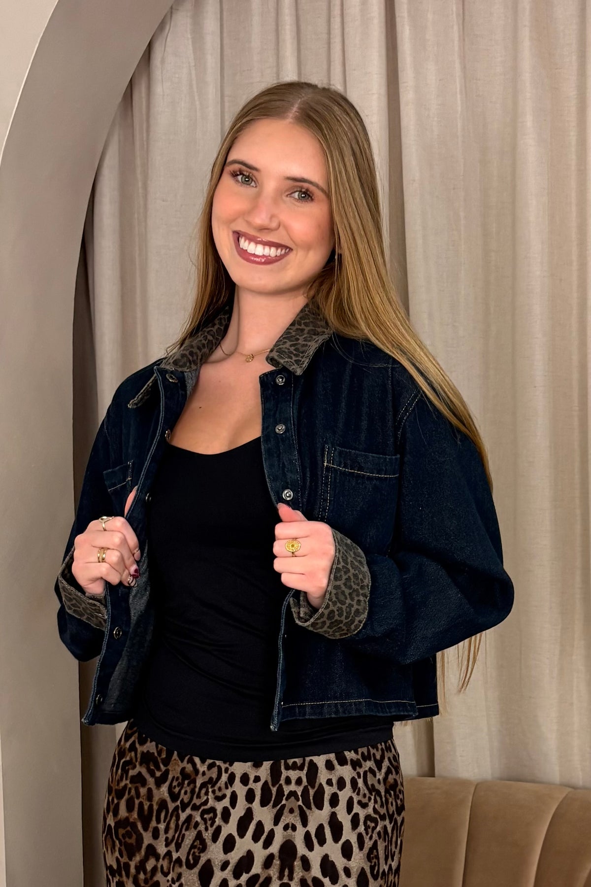 Nora Leopard Trim Denim Jacket