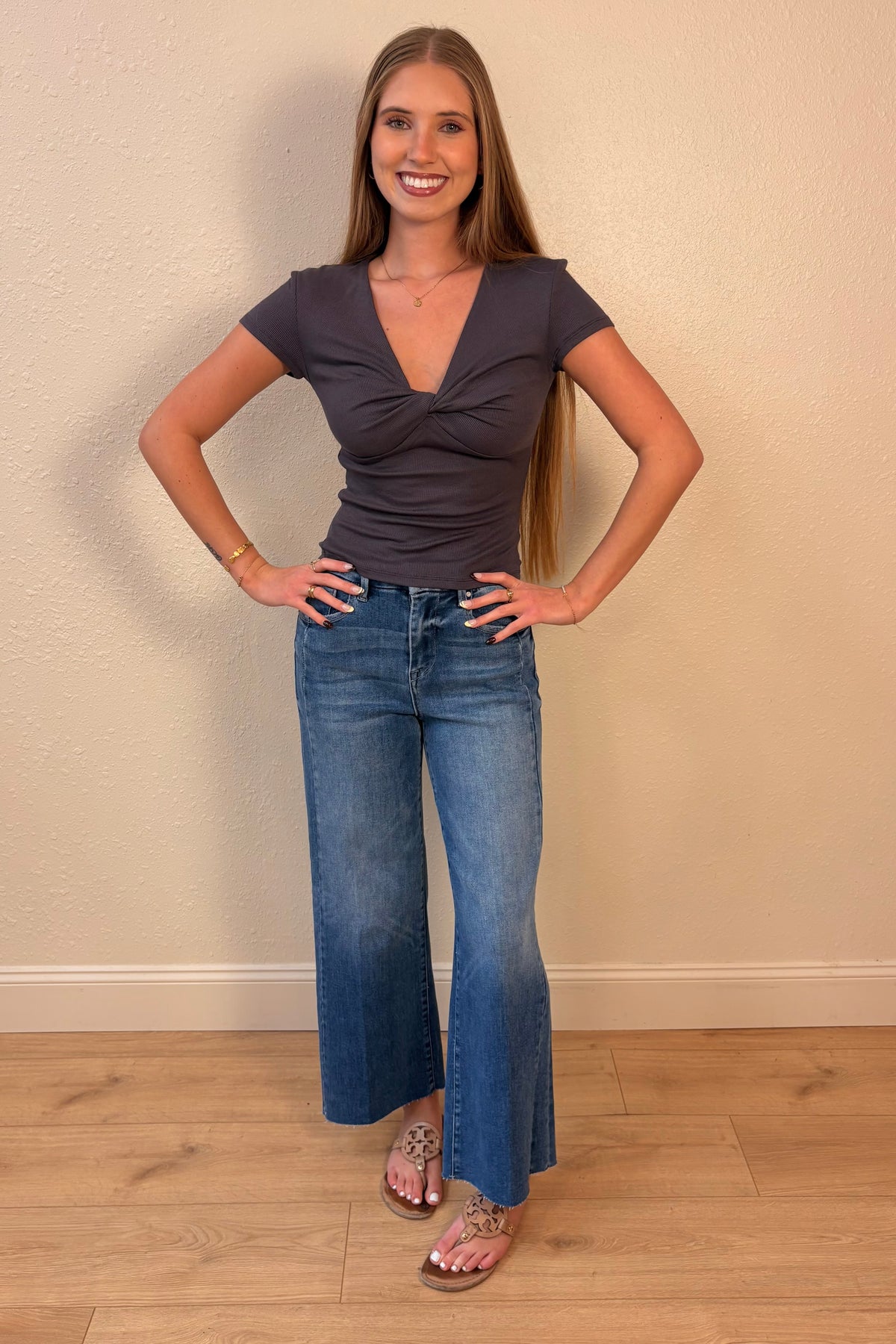 Brooklyn Charcoal Twist Front V Neck Top