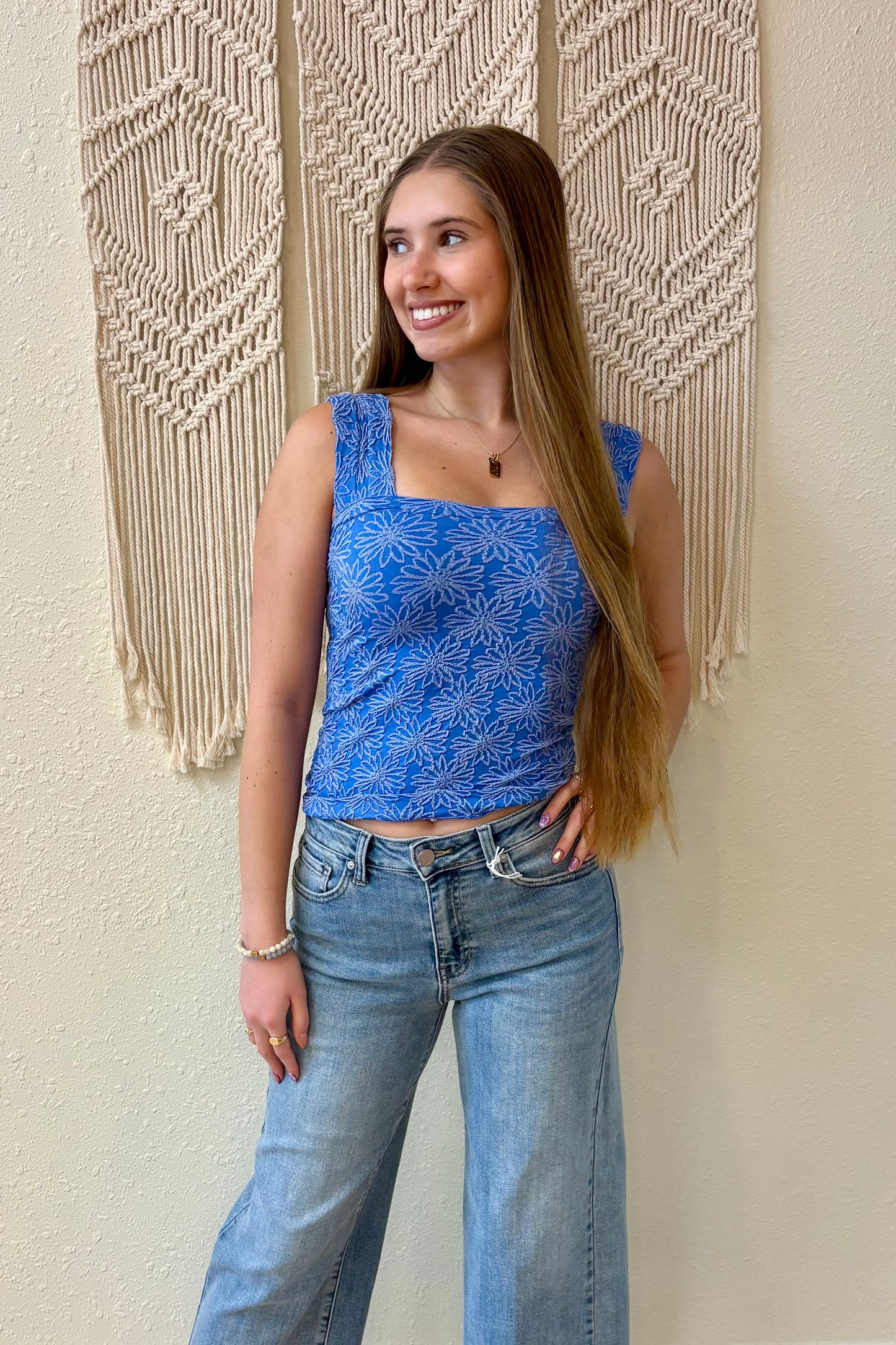 Hailey Blue Square Neck Floral Jacquard Tank Top