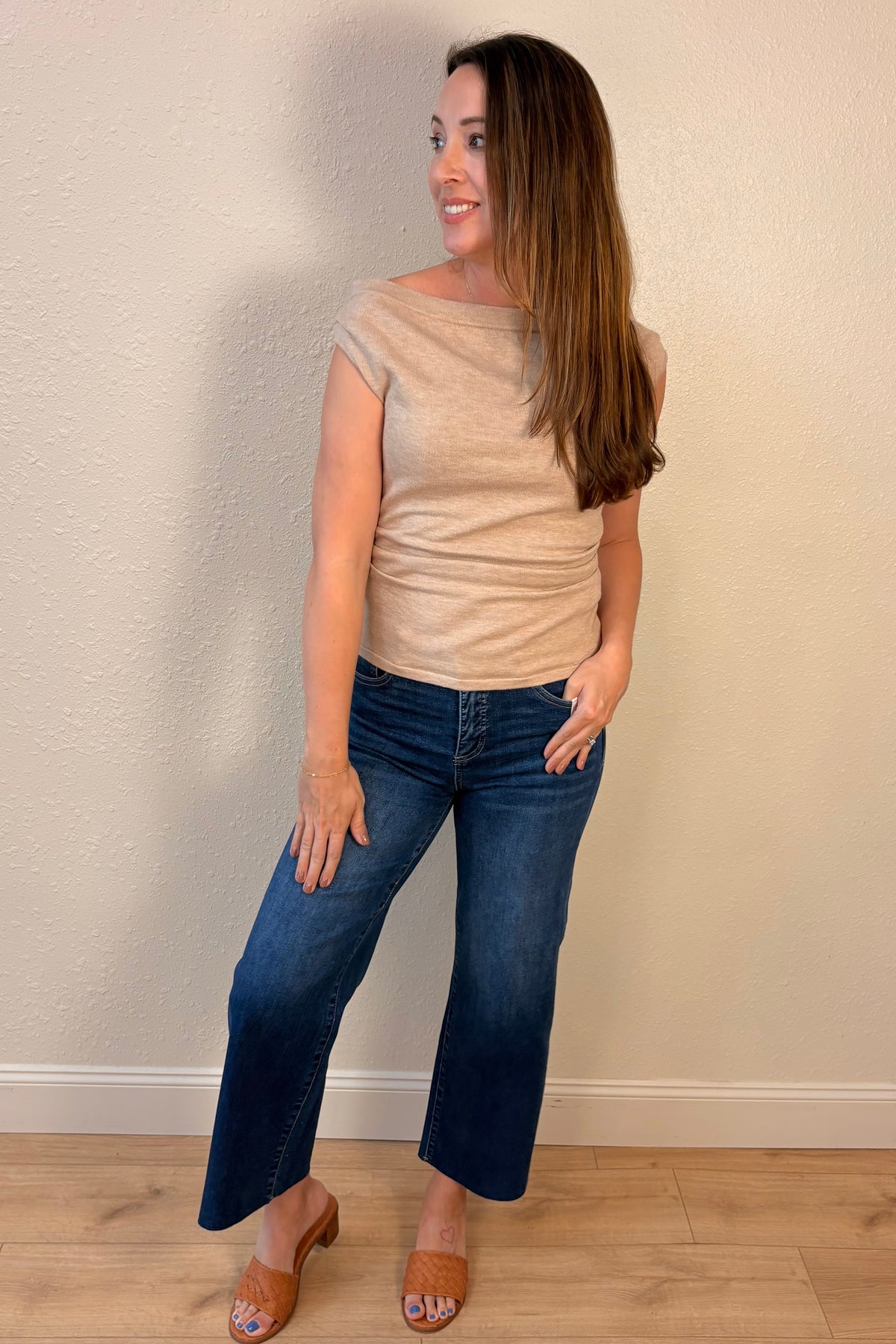 Jess Taupe Side Ruched Boatneck Knit Top