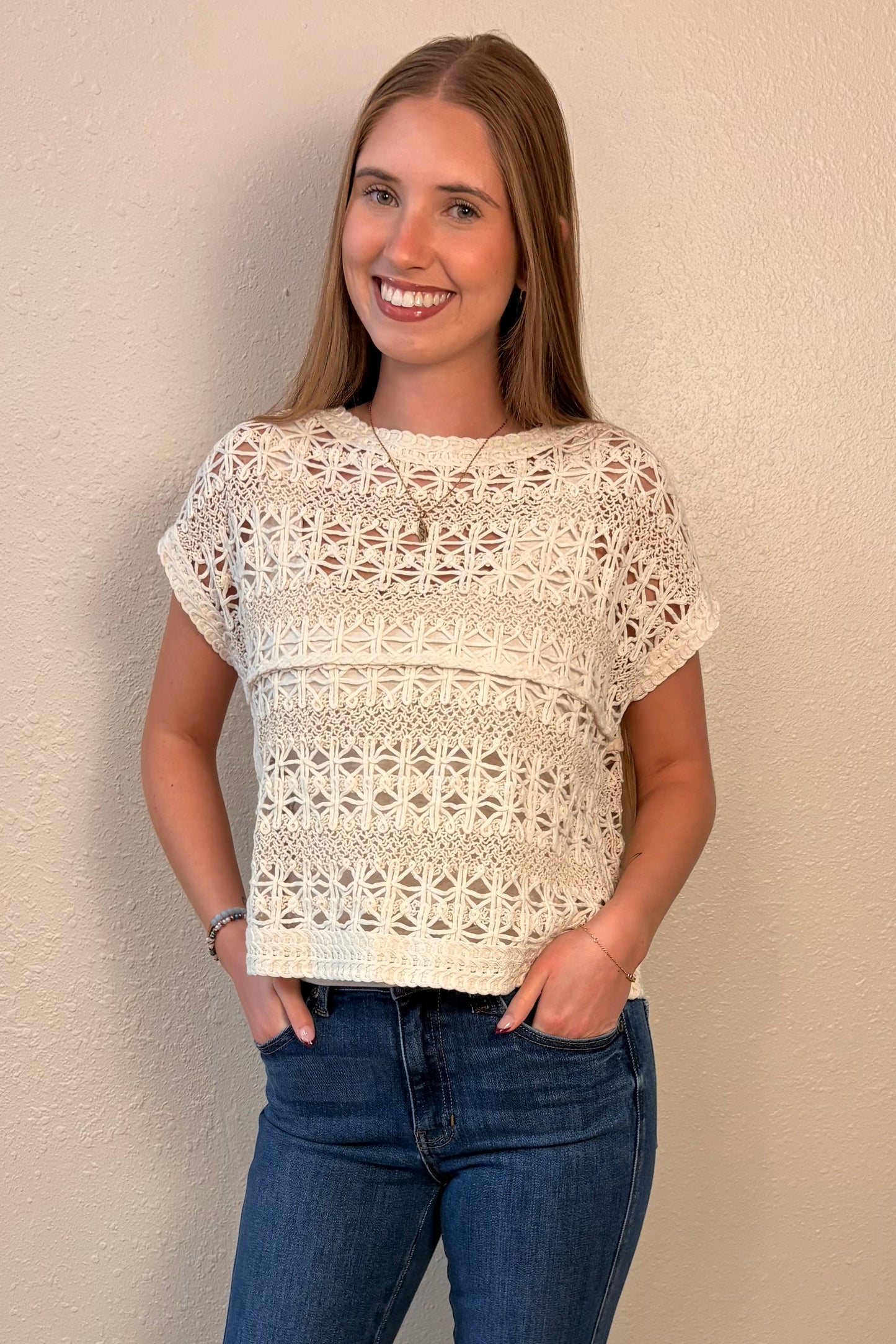 Celeste Crochet Knit Short Sleeve Top