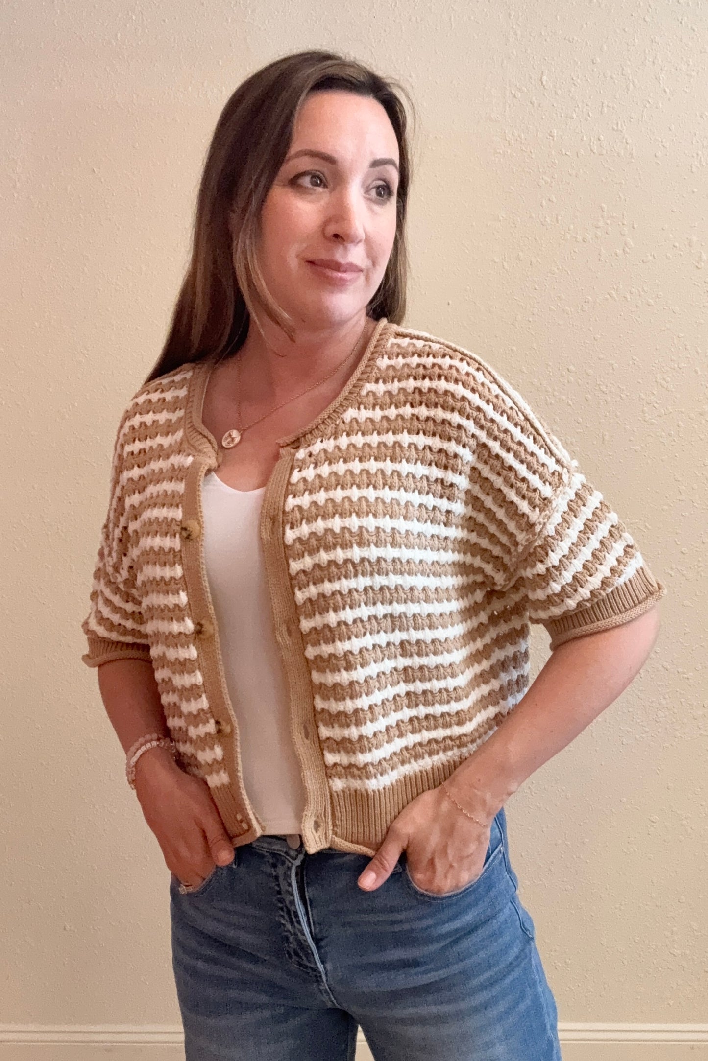 Mallory Stripe Crochet Knit Cardigan Sweater